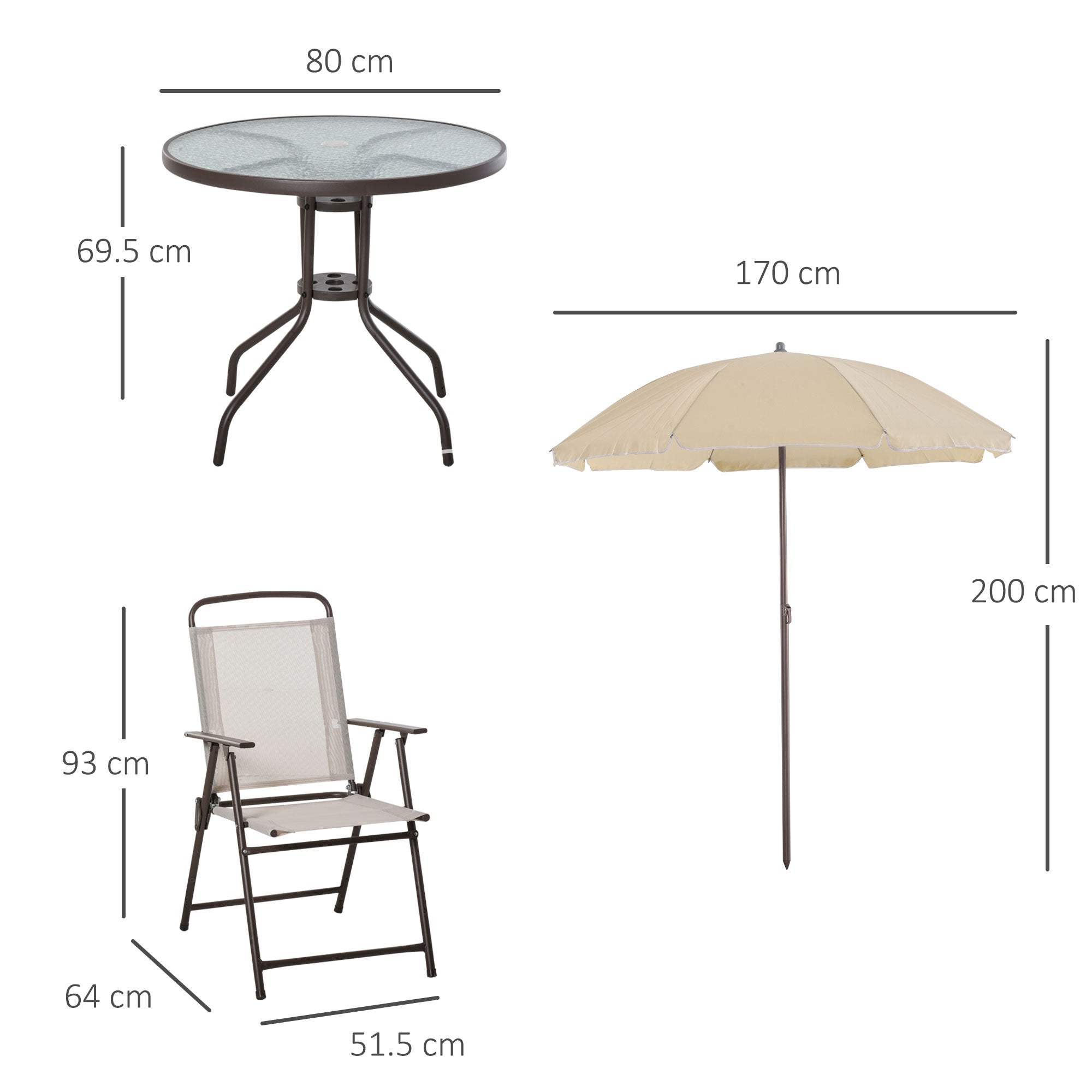 Kozy Garden Patio Texteline Folding Chairs Plus Table and Parasol Furniture Bistro Set 6 Pieces - Coffee/Cream