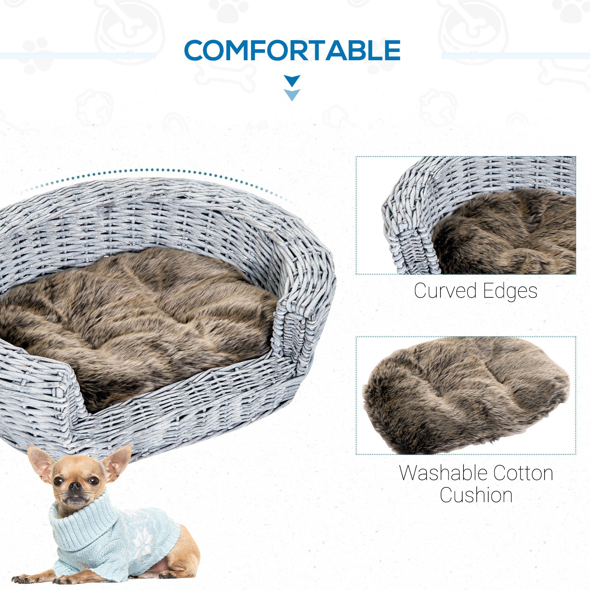 PawHut Pet Sofa Bed, Willow Rattan Basket with Soft Cushion, Durable, for Cats & Small Dogs, 57L x 46W x 17.5H cm, Grey