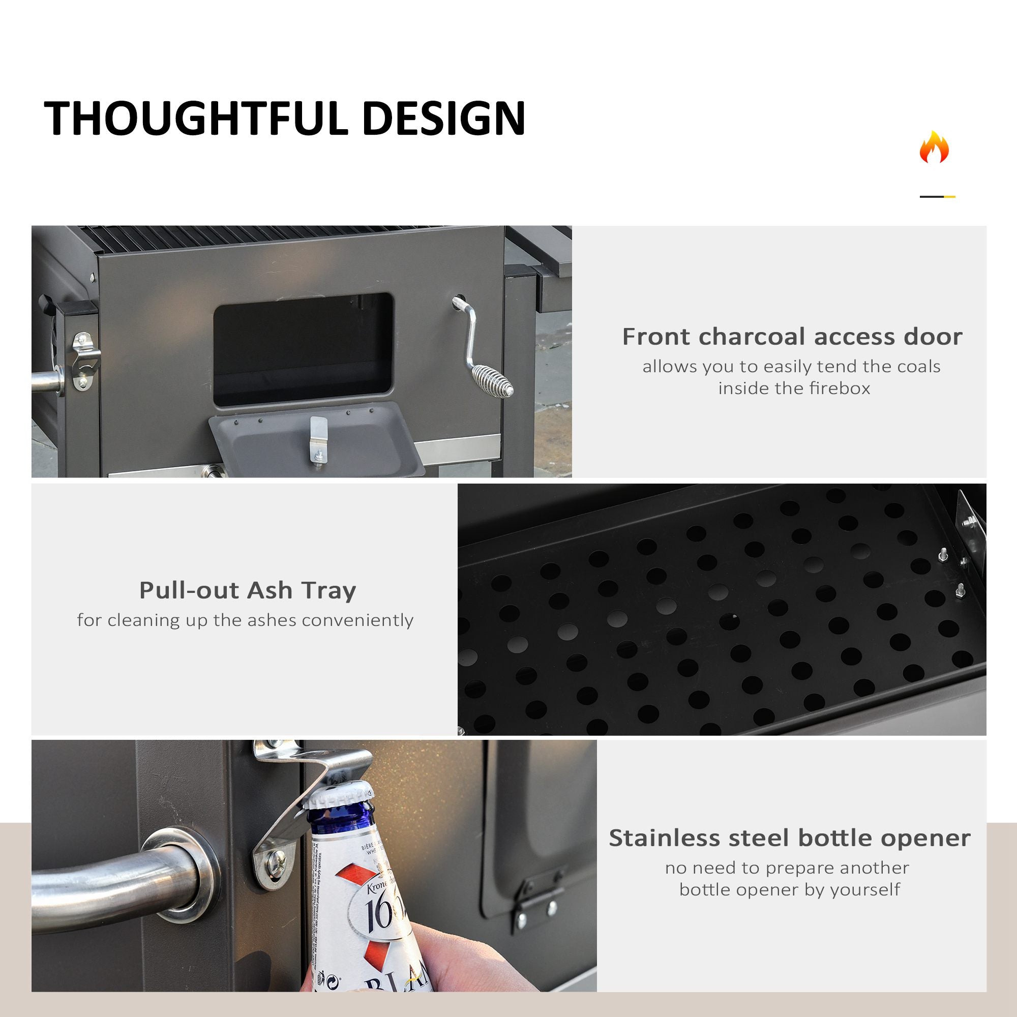 Kozy Charcoal Grill BBQ Trolley with Adjustable Charcoal Grate, Garden Metal Smoker Barbecue with Shelf, Side Table, Wheels, Built-in Thermometer, Bottle Opener