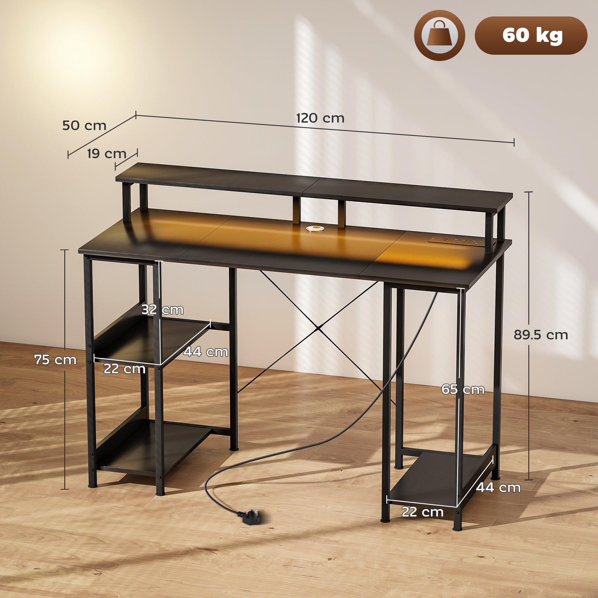 Kozy - LED Computer Desk, with Power Outlets and Shelves - Carbon Fibre Grey