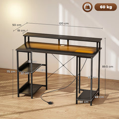 Kozy - LED Computer Desk, with Power Outlets and Shelves - Carbon Fibre Grey