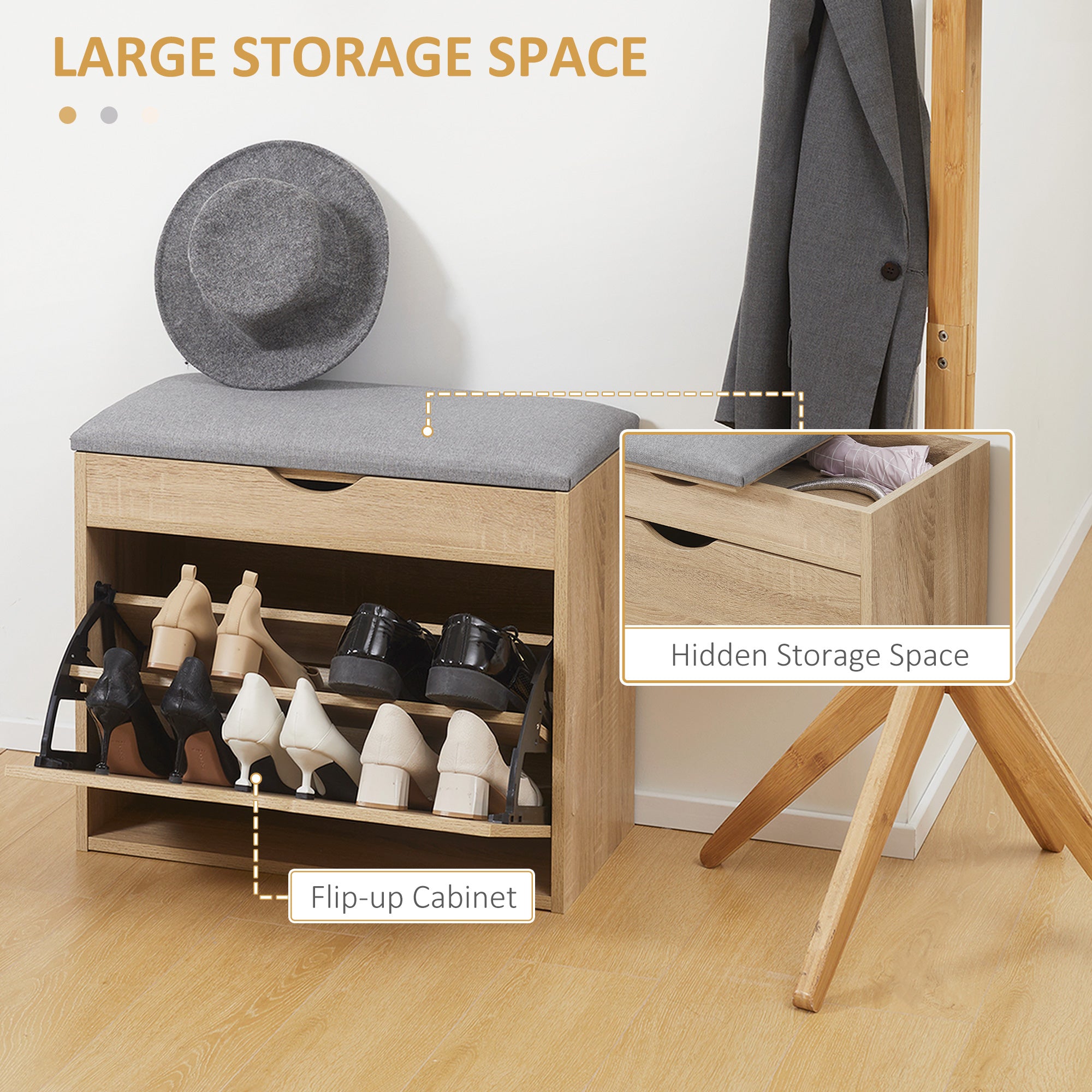 Kozy Shoe Bench with Cushion for 4 Pair of Shoes, Storage Bench with Padded Seat, Flip-up Cabinet and Hidden Space for Entryway, Natural