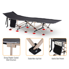 Outsunny Portable Folding Camping Cot, Single Person Military Sleeping Bed for Outdoor, Travel, Fishing with Side Pocket, Black