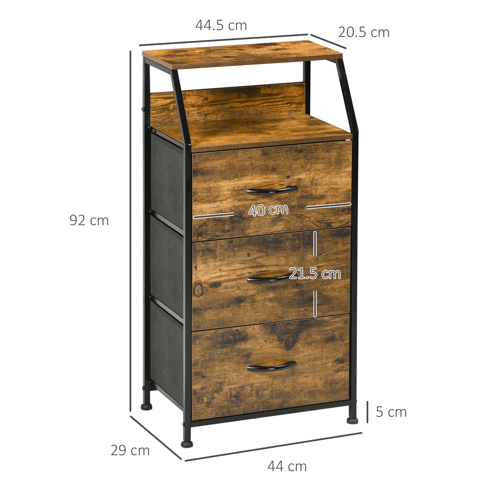 Kozy Industrial Storage Cabinet, Fabric Chest of Drawers with Display Shelves, 3 Drawers Storage Unit for Living Room, Rustic Brown