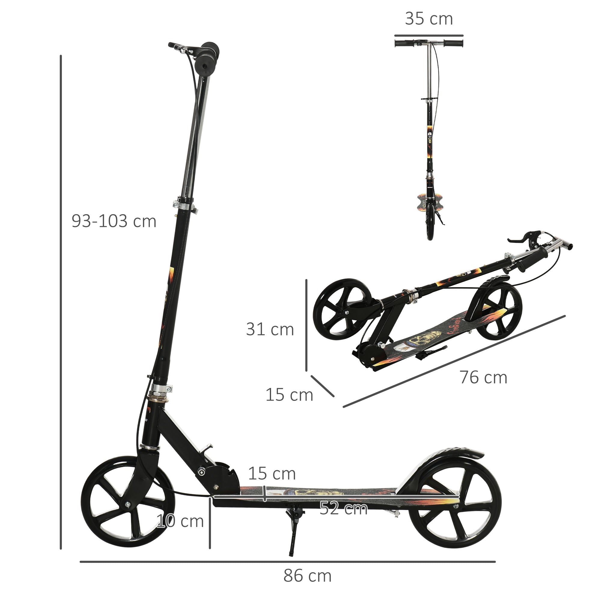 Kozy Kids Foldable Kick Scooter w/ Adjustable Height, Break, Big Wheels, for Ages 7-14 Years - Black