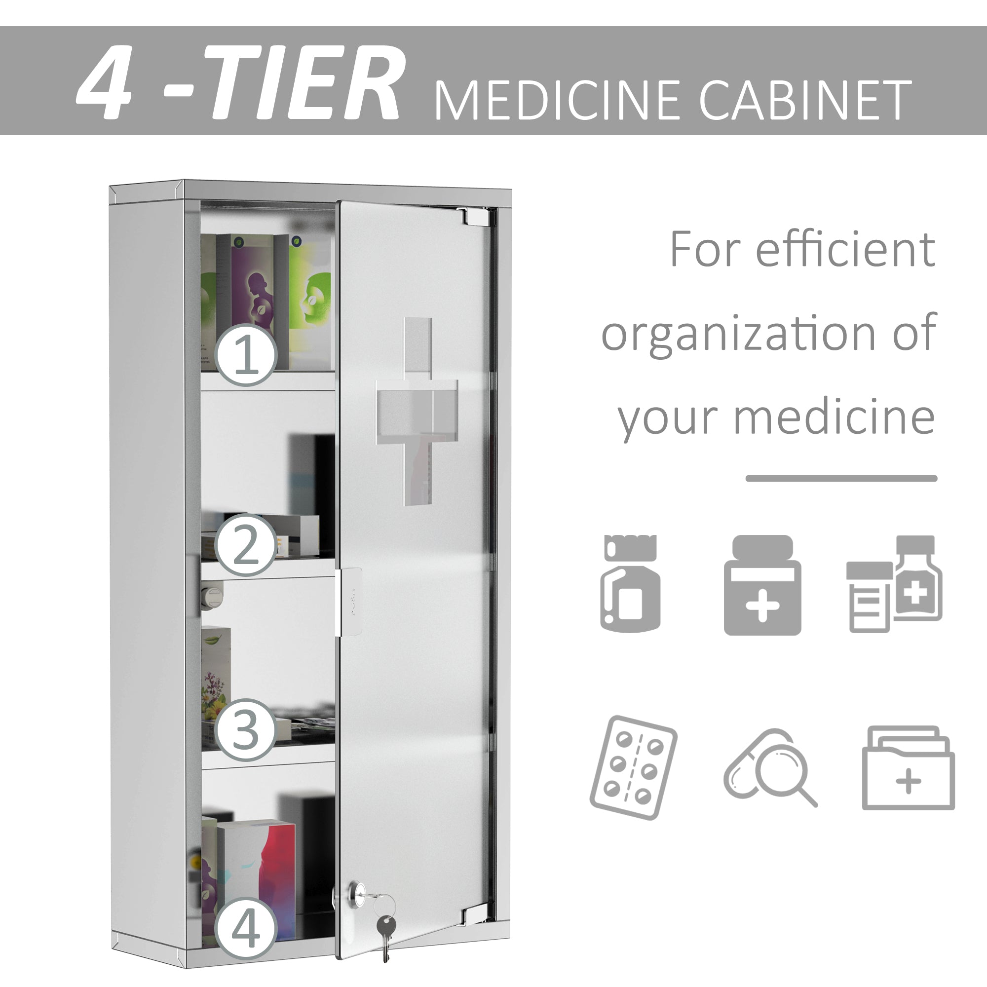 HOMCOM Stainless Steel Medicine Cabinet, 4 Tier Wall Mounted with Glass Lockable Door, Storage Shelves, 60Hx30Wx12D(cm)