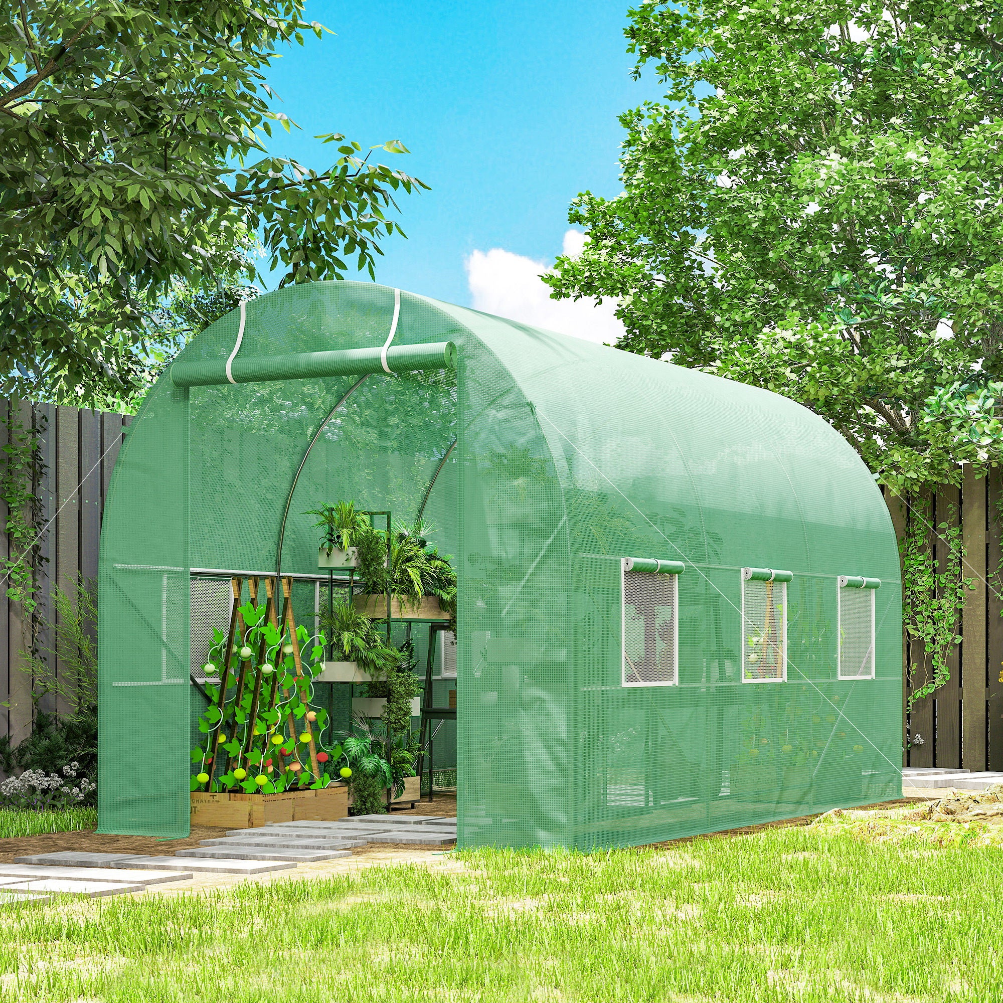 Kozy 3.5 x 2m Walk-In Polytunnel Greenhouse, with Steel Frame, PE Cover, Roll-Up Door and 6 Windows, Green