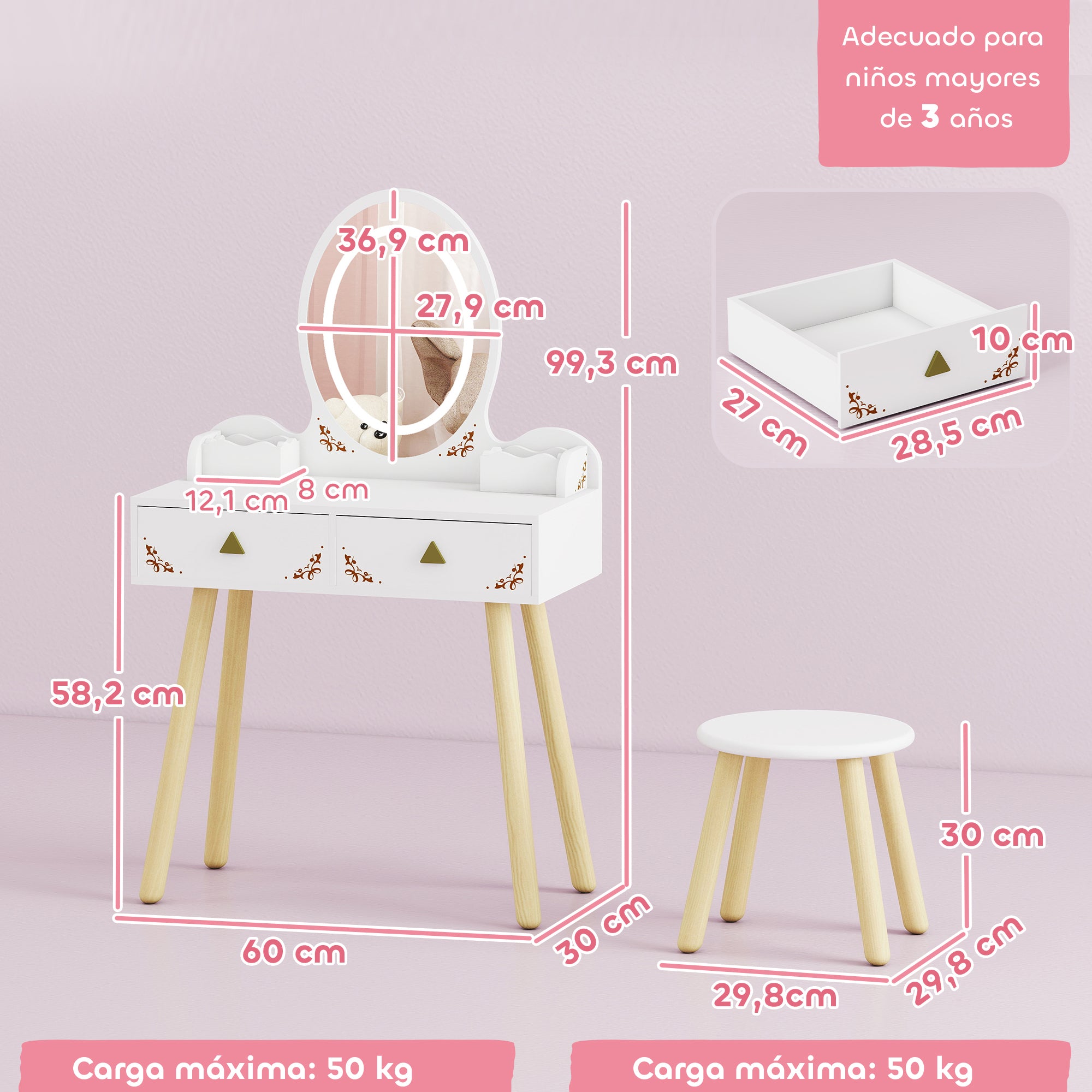 Kozy Kids Vanity Table and Chair Set with 3-Colour LED Lights Mirror, Drawer, Storage Boxes, for 3+ Years, White