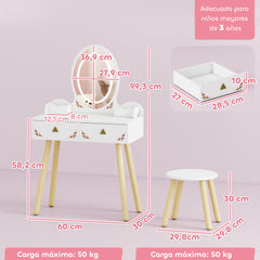 Kozy Kids Vanity Table and Chair Set with 3-Colour LED Lights Mirror, Drawer, Storage Boxes, for 3+ Years, White