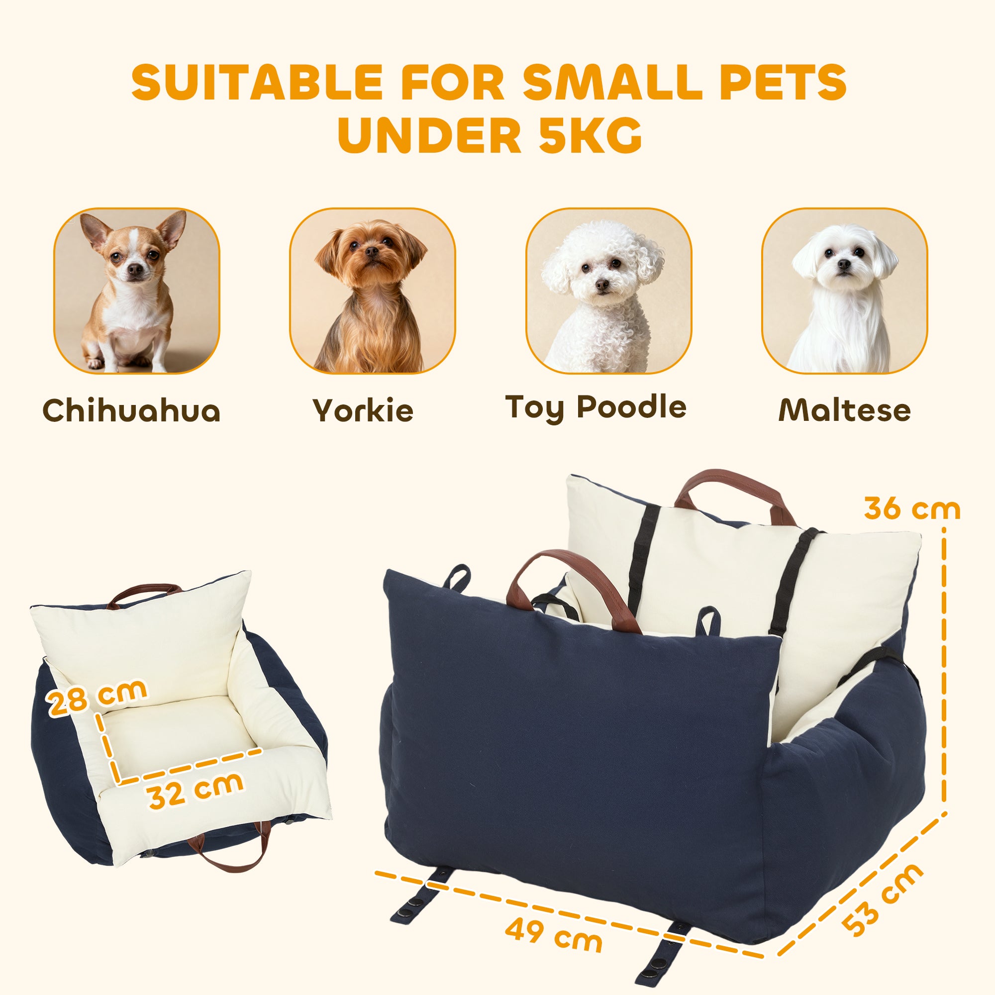 Kozy Dog Car Seat, Cosy Pet Car Booster Seat for Small Dog Under 5 KG, Portable Travel Bed with Safety Belts, Navy Blue