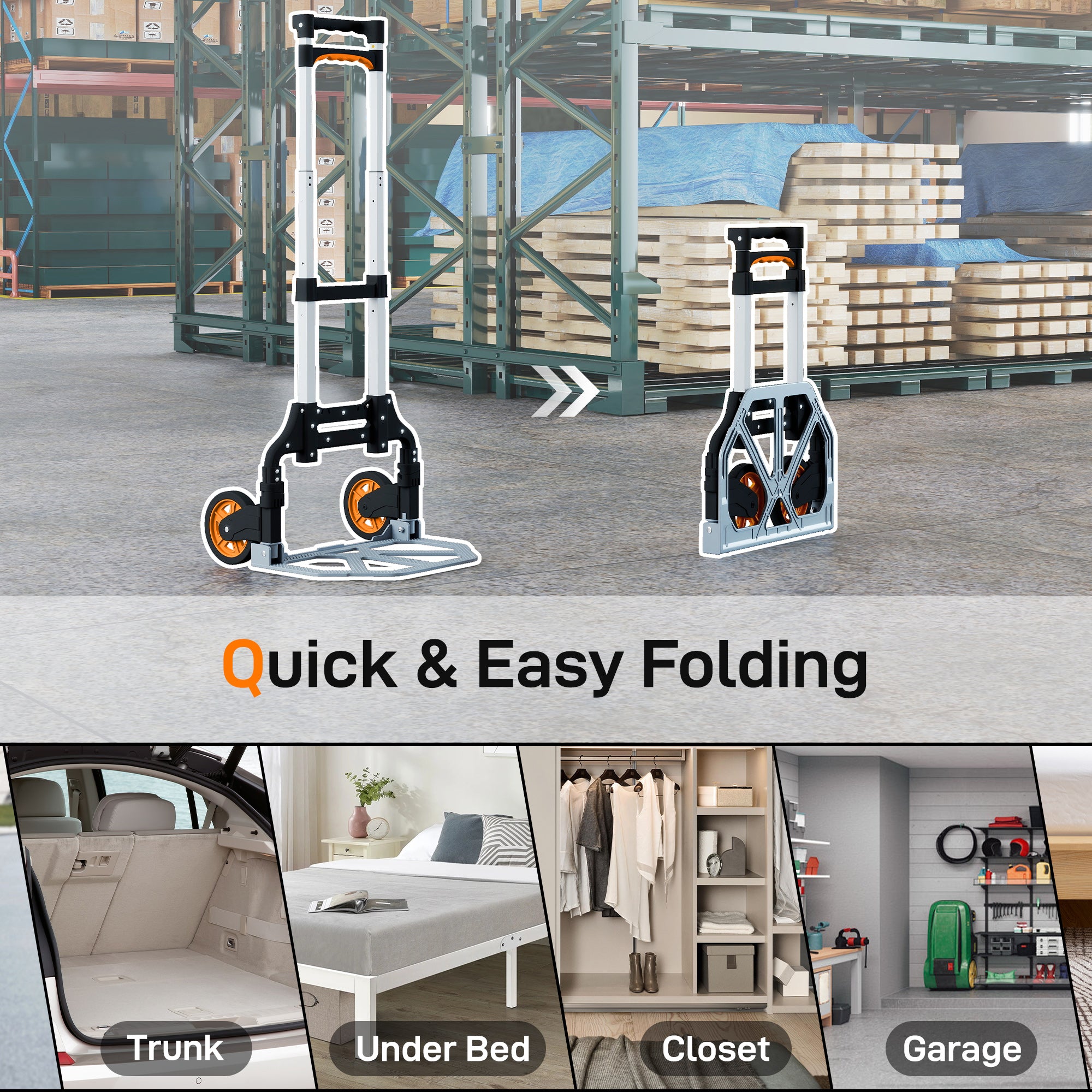 Kozy Folding Sack Truck, 70kg Lightweight Hand Truck with Wheels, Foldable Trolley Cart with Telescoping Handle for Warehouse, Office, Luggage, Silver Tone