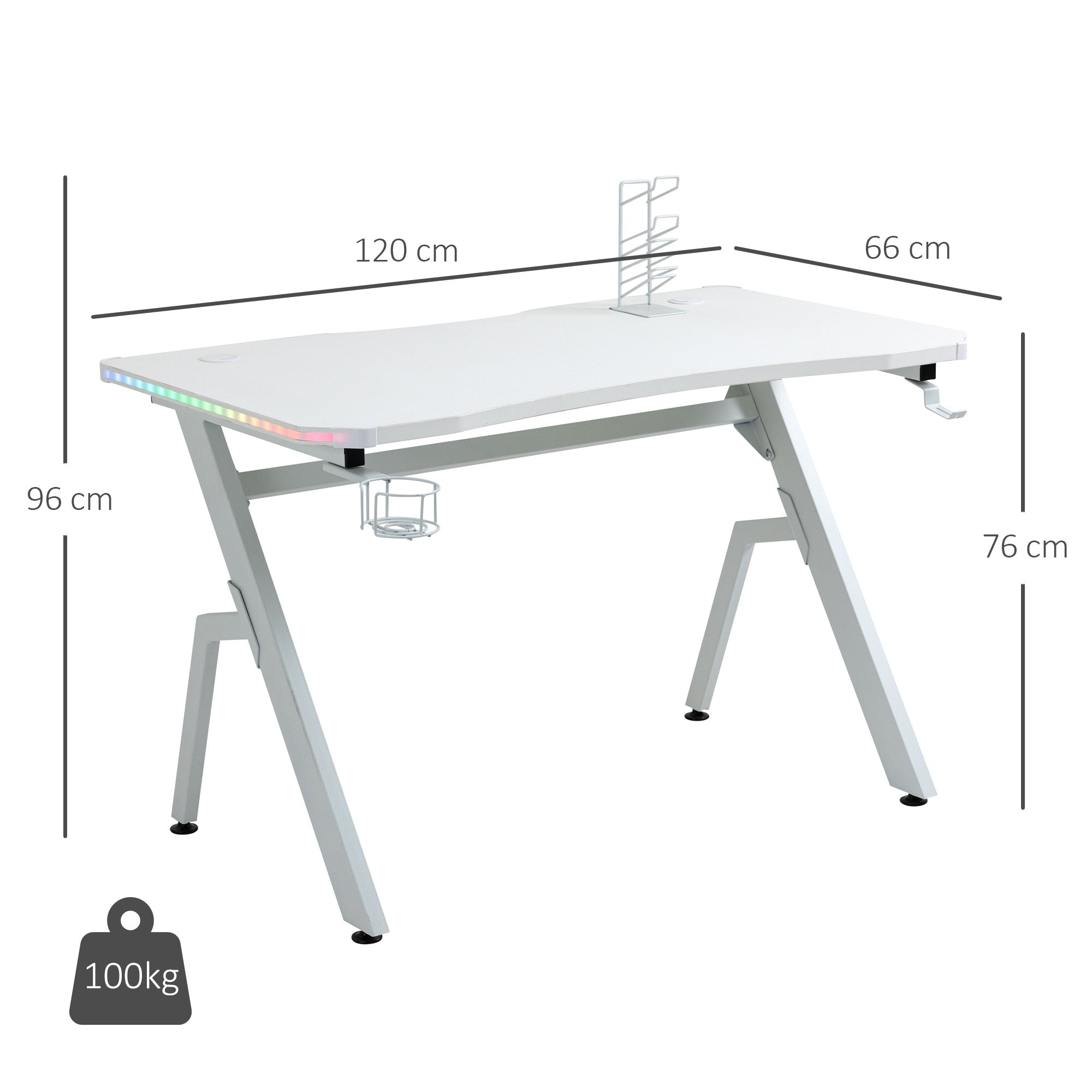 Kozy RGB 120 x 66cm Gaming Desk, Computer Table with Carbon Fibre Surface, Headphone Hook, Cup Holder, Controller Rack, Home Office Desk, White