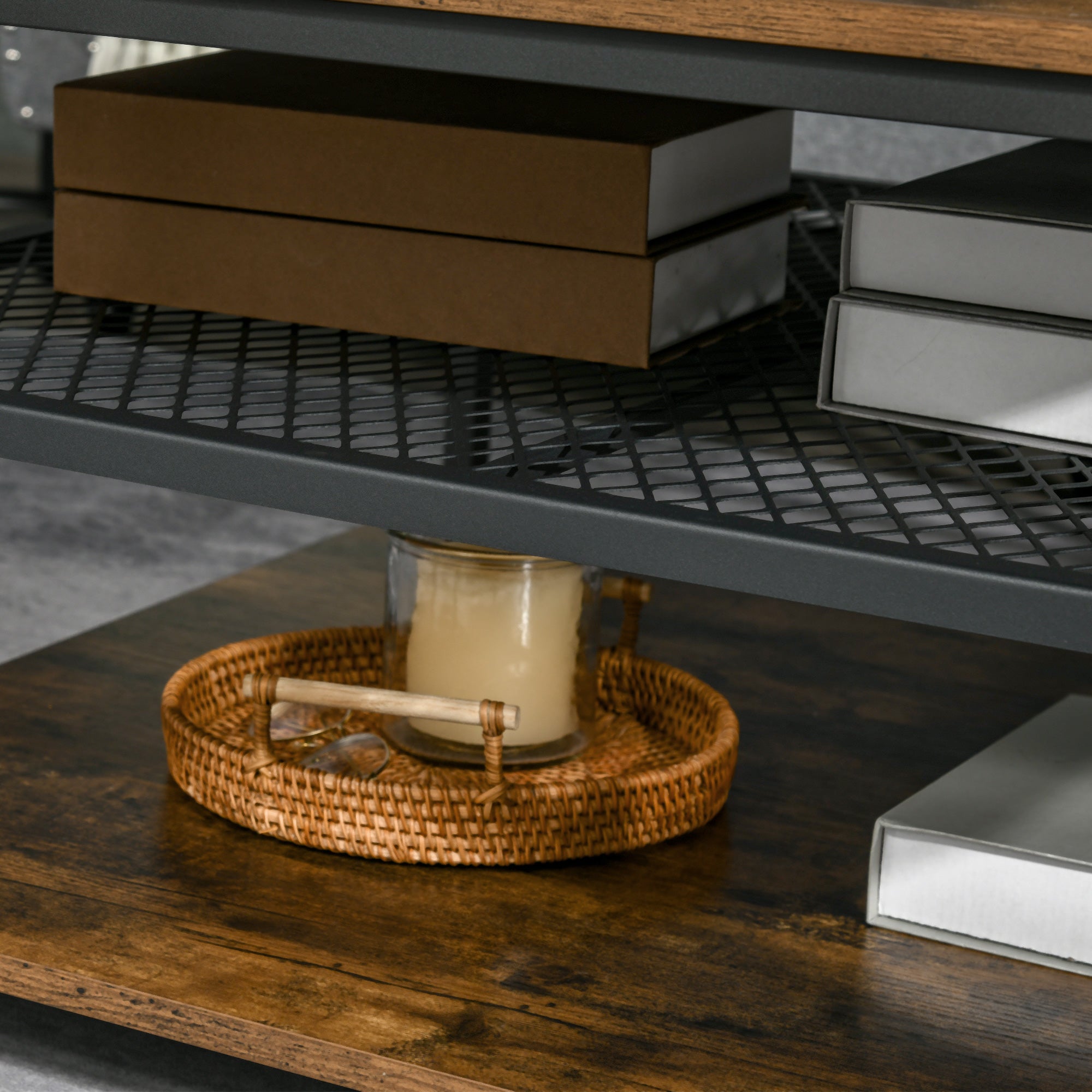 Kozy Coffee Table, Living Room Table with 3-Tier Storage Shelves, Square Tea Table for Home Office, Rustic Brown