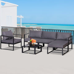 Outsunny 6 PCs Outdoor Indoor Sectional Sofa Set Thick Padded Cushions Aluminium Frame 5 Seaters 1 Coffee Table Footrest Grey