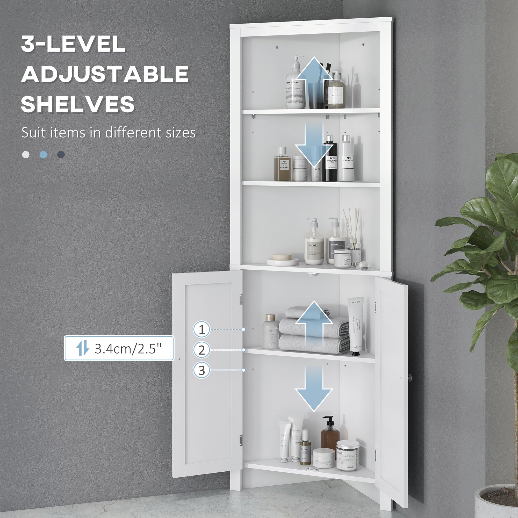Kozy Triangle Bathroom Cabinet, Corner Bathroom Storage Unit with Cupboard and 3-Tier Shelves, Free Standing, White