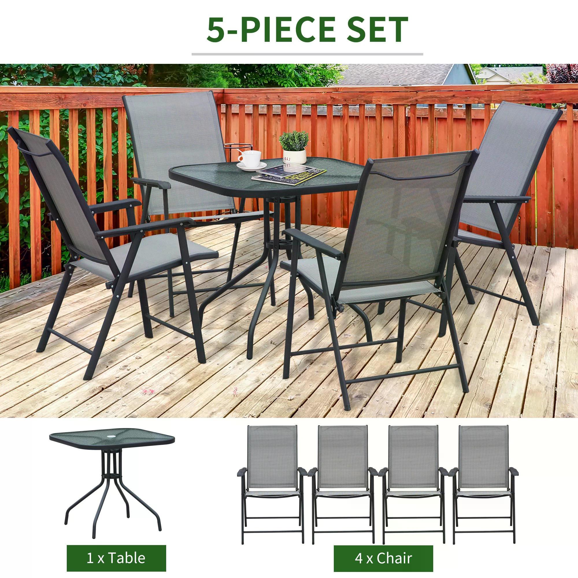 Outsunny 5pcs Classic Outdoor Dining Set Steel Frames w/ 4 Folding Chairs Glass Top Table Texteline Seats Parasol Hole Garden Dining Black Grey