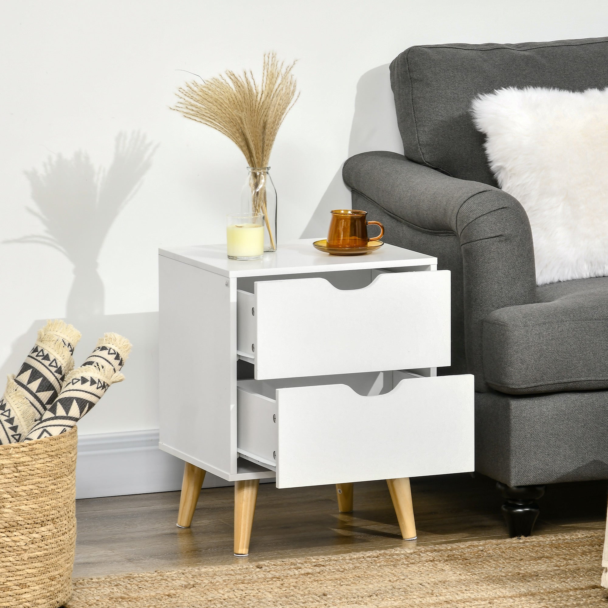 Kozy Bedside Table, Bedside Cabinet with 2 Drawers, Side End Table with Pine Wood Legs for Bedroom Living Room, White