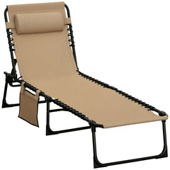 Kozy Portable Sun Lounger, Folding Camping Bed Cot, Reclining Lounge Chair 5-position Adjustable Backrest with Side Pocket, Pillow for Patio Garden Beach Pool, Beige