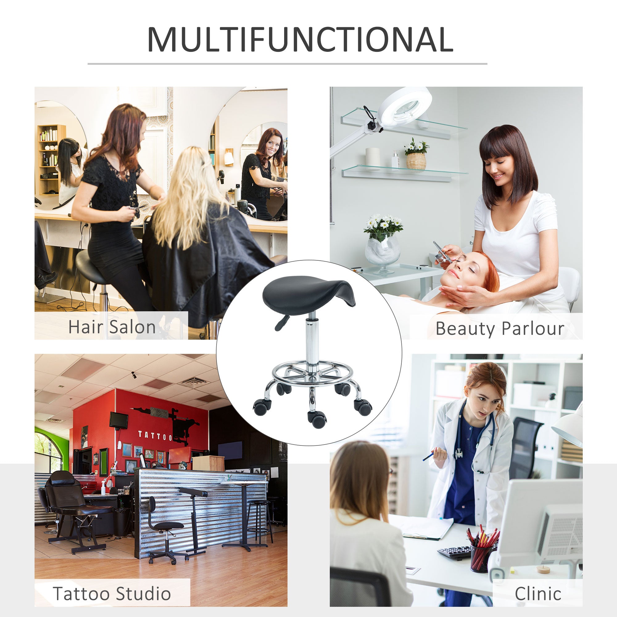 Kozy Salon Saddle Stool, Rolling Saddle Chair for Massage, Spa, Clinic, Beauty, Hairdressing and Tattoo, Black