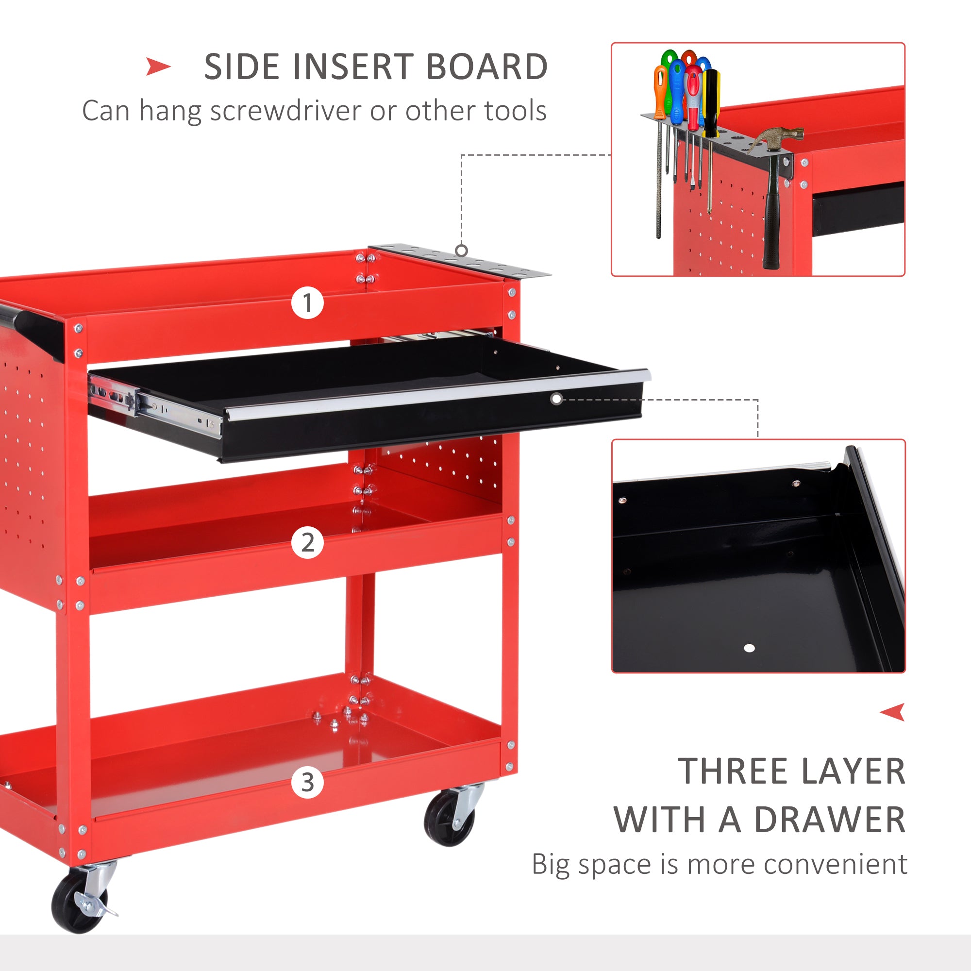 Kozy 3-Tier Tool Trolley Cart Storage Shelf Roller Cabinet DIY Box Garage Workshop with Drawer Red