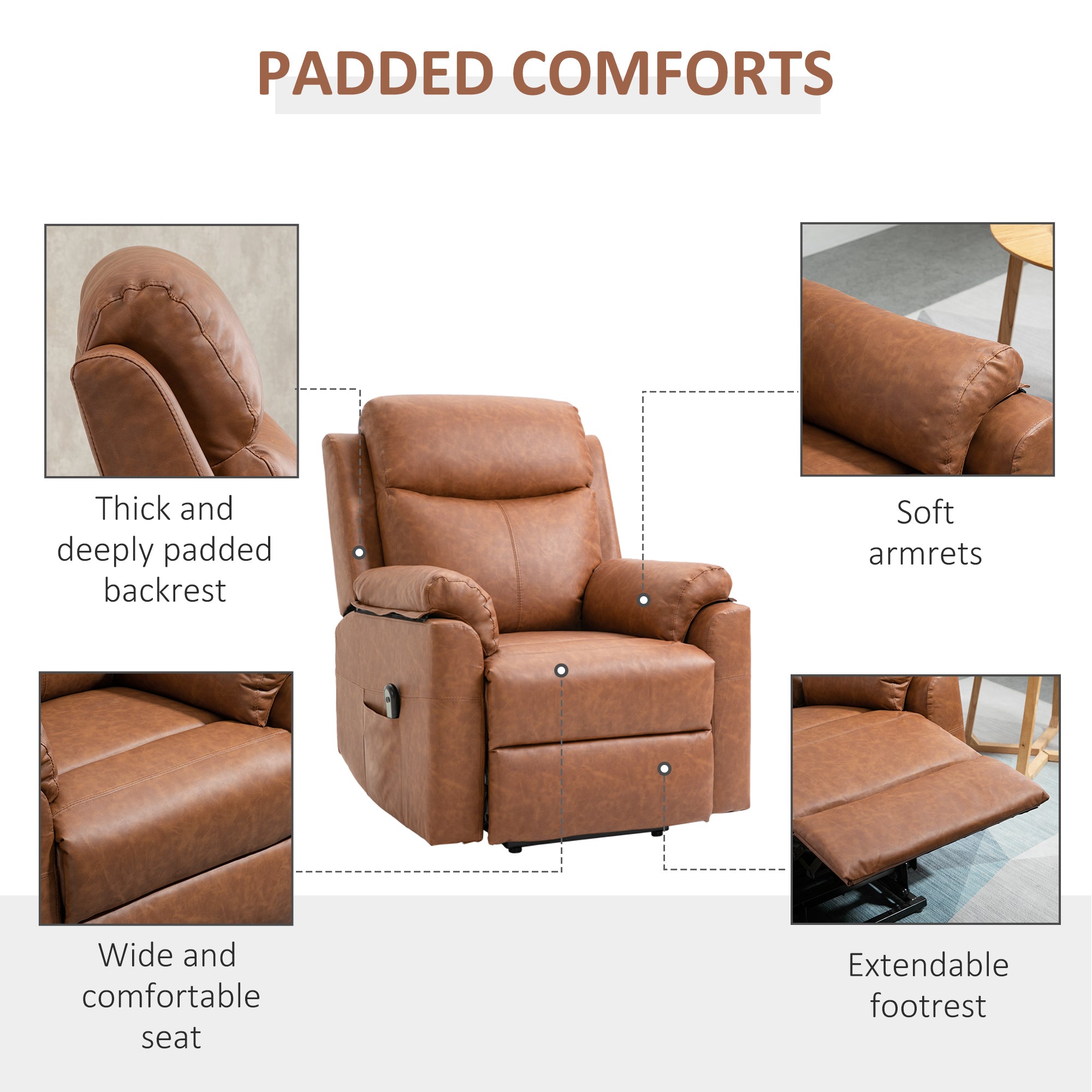 Kozy Faux Leather 70° Electric Riser Recliner Chair - Brown