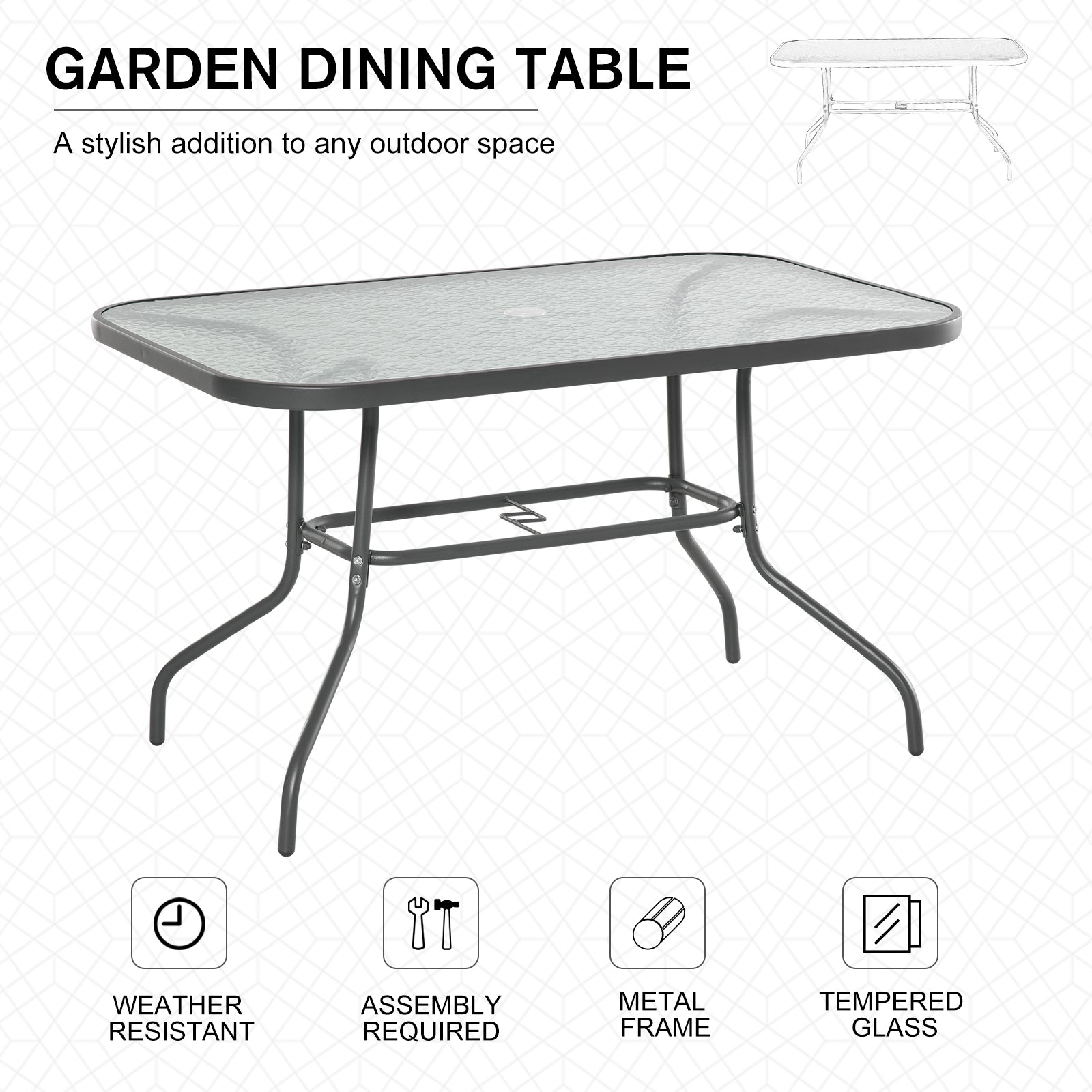 Kozy Garden Dining Table Glass Top Metal Frame with Parasol Hole Outdoor Balcony Grey 120L x 80Wcm