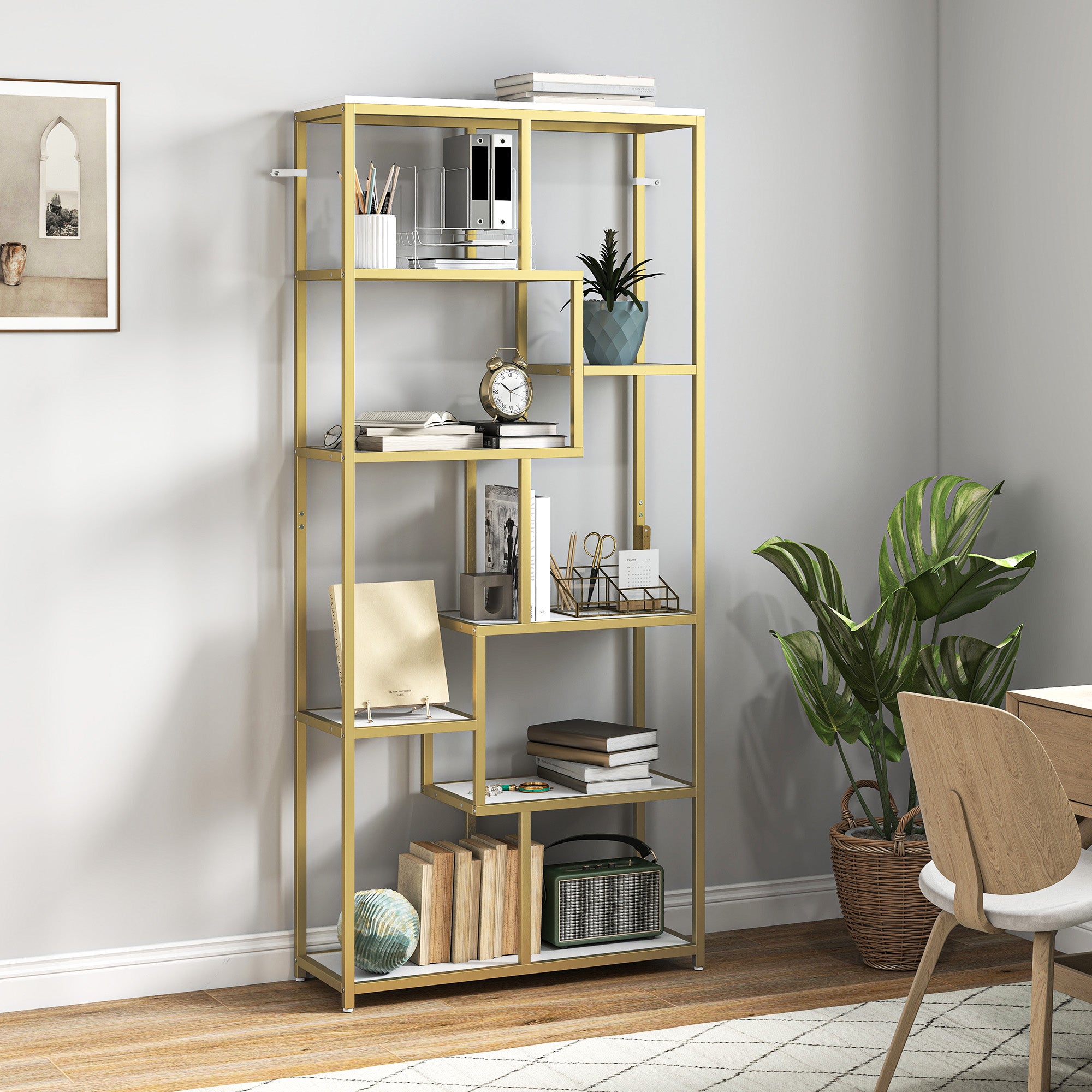 Kozy Seven-Tier Geometric Bookcase - White/Gold Tone
