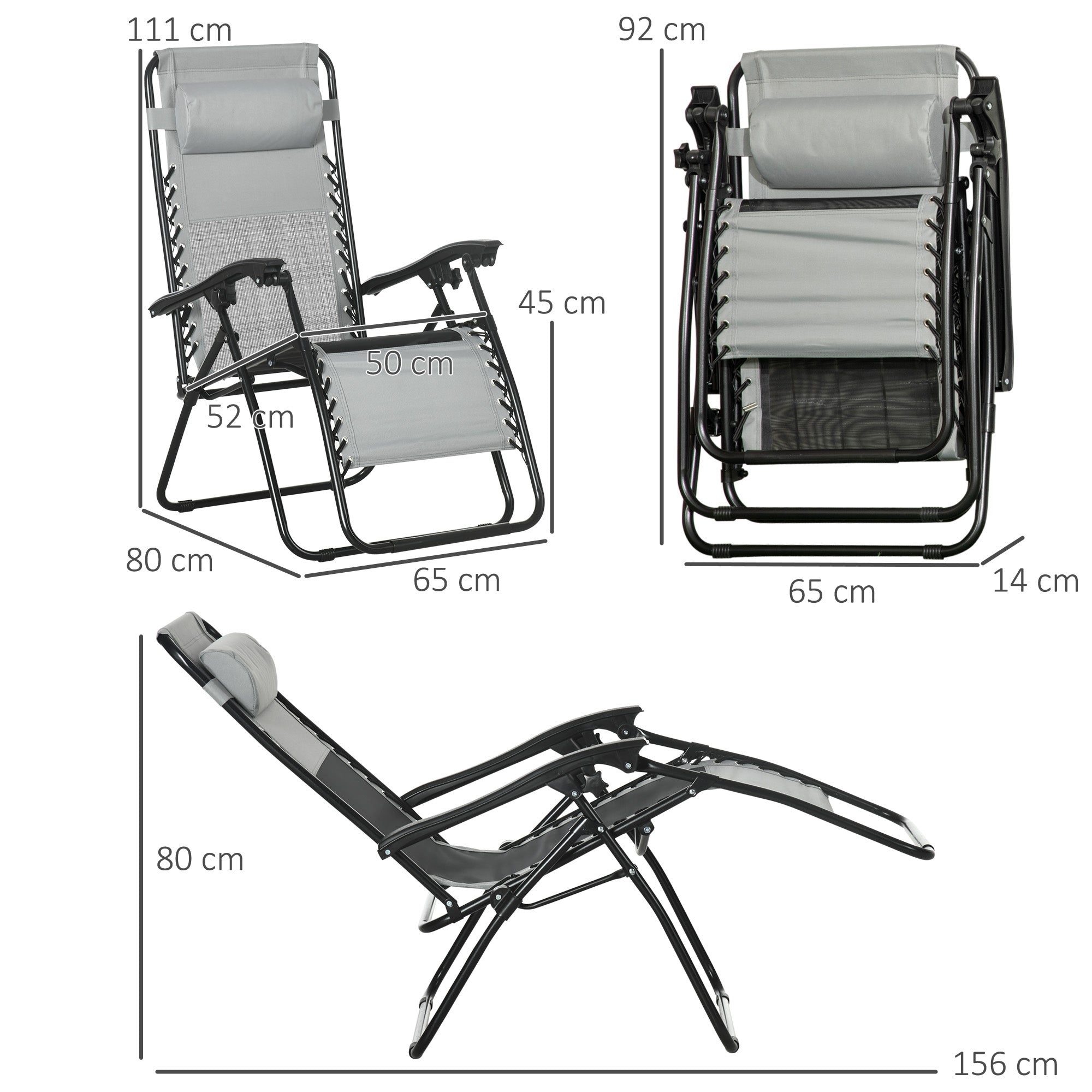 Kozy Garden Recliner Chairs Set of 2, Outdoor Foldable Zero Gravity Chairs Set w/ Footstool and Detachable Headrest, Grey