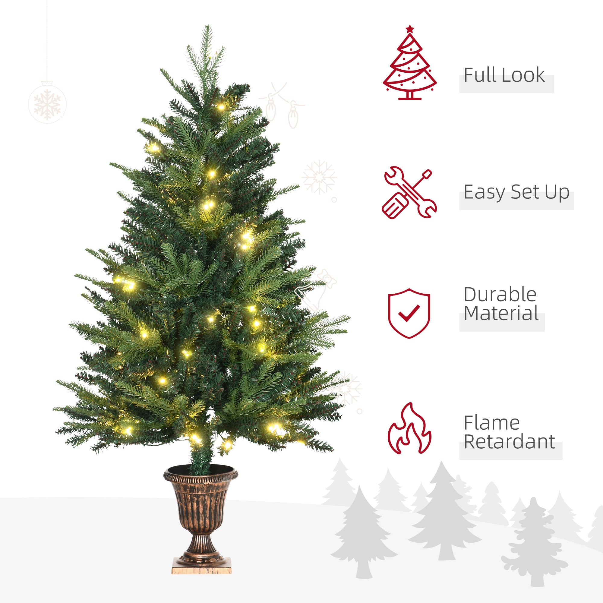 HOMCOM 1.2m Prelit Christmas Tree Artificial Tree Spruce Tree, Plastic Stand