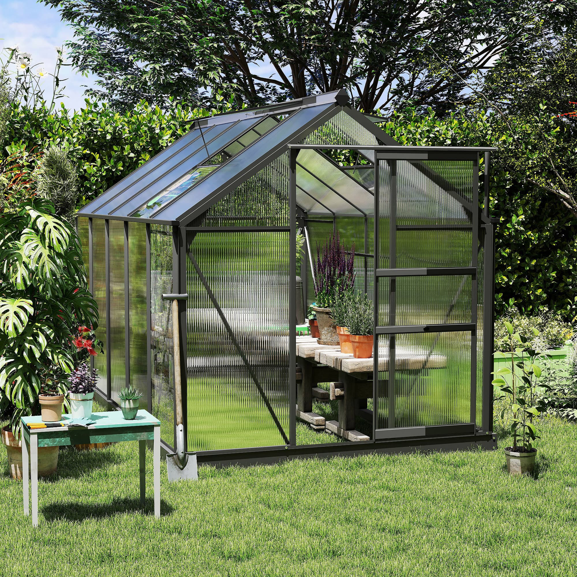 Kozy 6 x 10ft Polycarbonate Greenhouse, Large Walk-In Green House with Slide Door and Window, Garden Plants Grow House with Aluminium Frame and Foundation, Grey