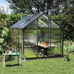 Kozy 6 x 10ft Polycarbonate Greenhouse, Large Walk-In Green House with Slide Door and Window, Garden Plants Grow House with Aluminium Frame and Foundation, Grey