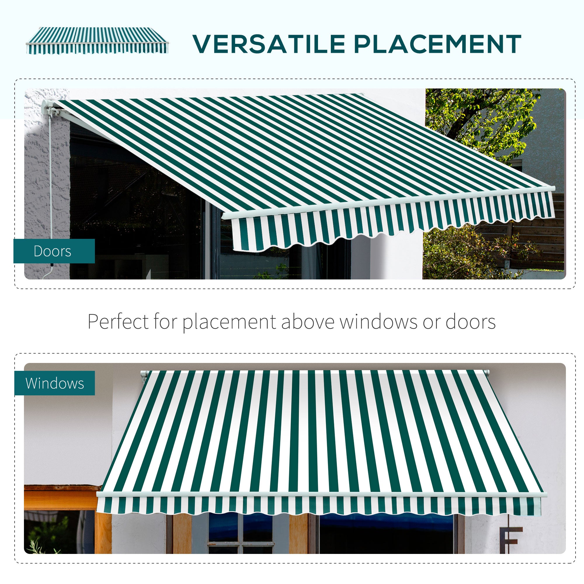 Kozy - Manual Retractable Awning, size (3.5m x2.5m)-Dark Green/White Stripes