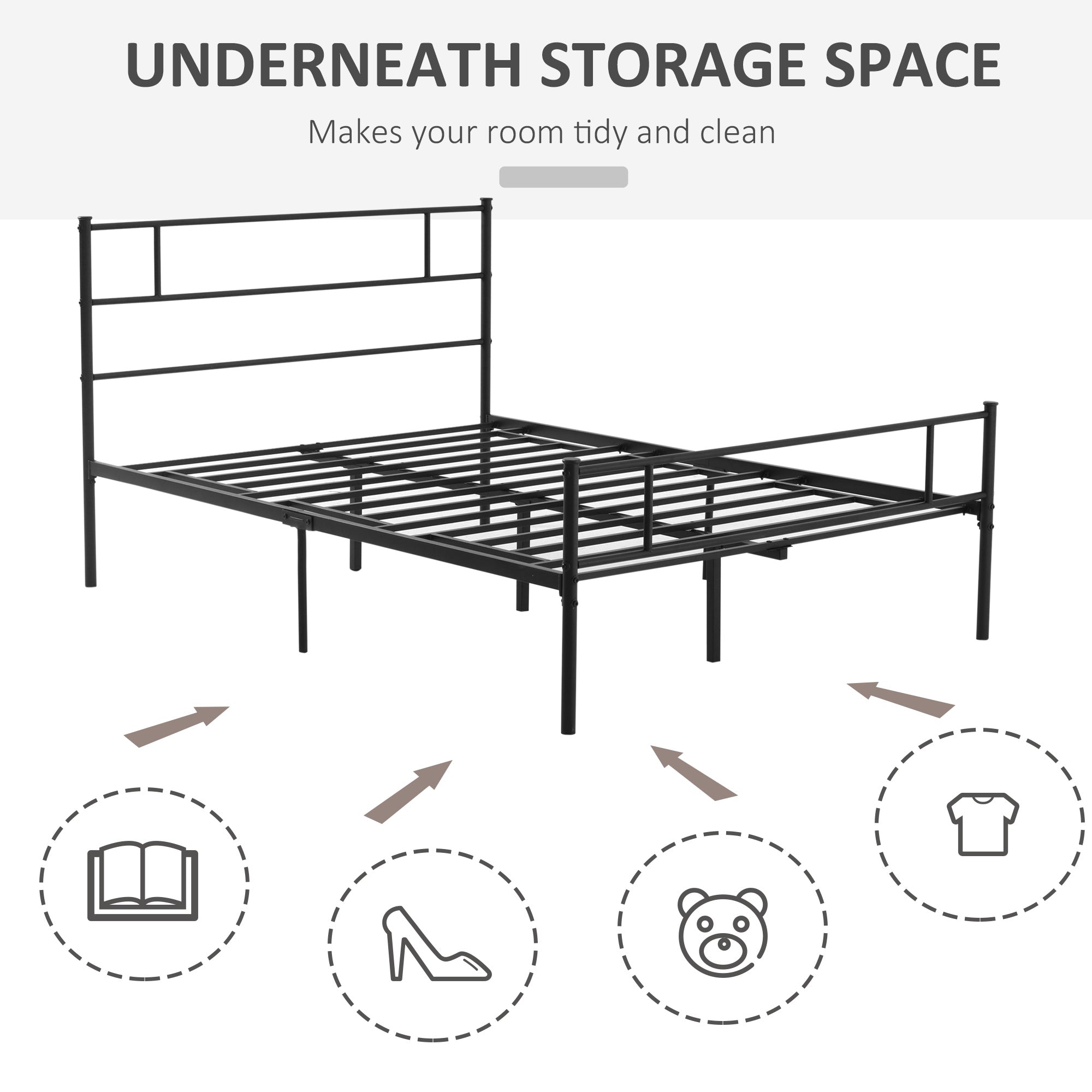 Kozy Double Metal Bed Frame Solid Bedstead Base with Headboard and Footboard, Metal Slat Support and Underbed Storage Space, Bedroom Furniture, Black