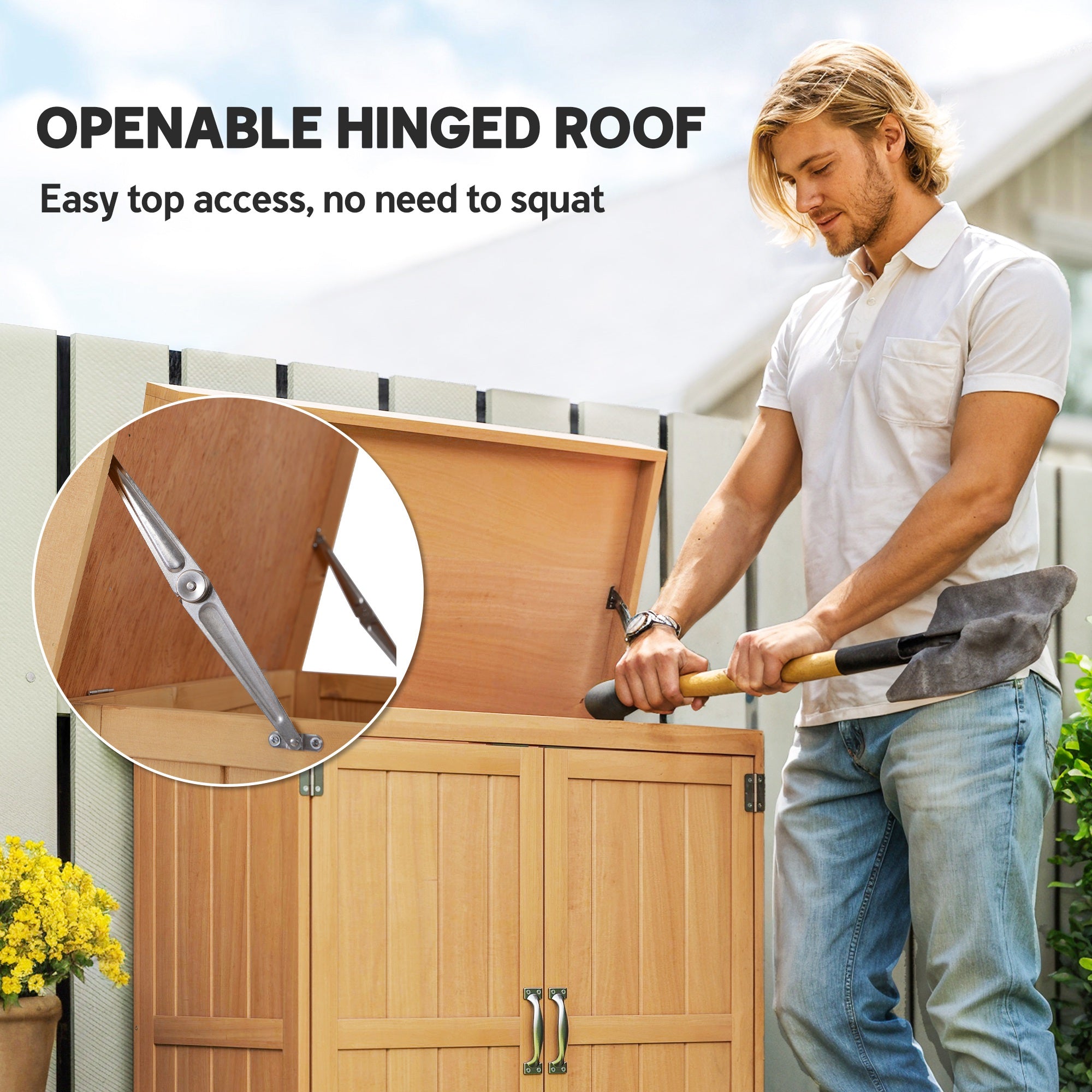 Kozy Small Shed, Wooden Garden Shed with Openable Hinged Roof and Removable Shelf, Outdoor Tool Storage Cabinet Chest with Double Doors, 74 x 43 x 88 cm, Natural Wood Finish