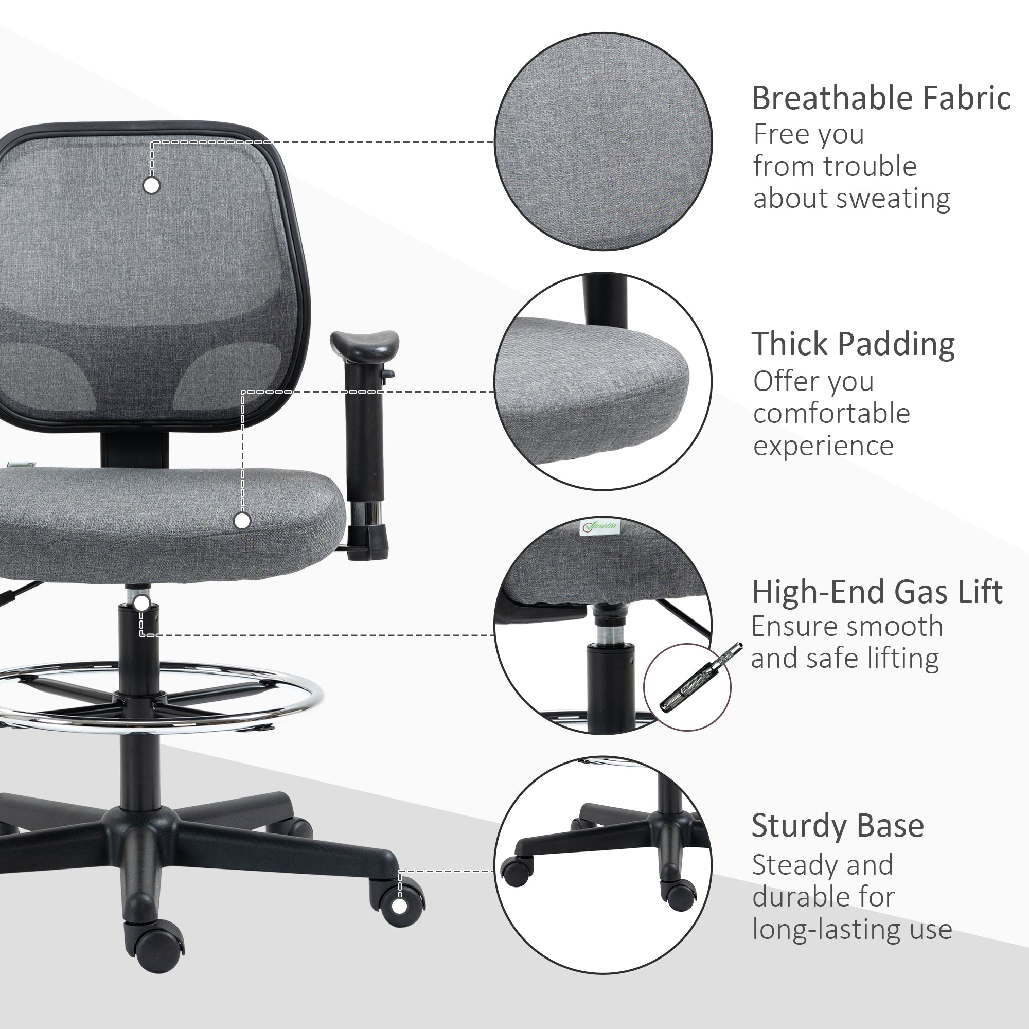 Kozy Drafting Chair, Fabric Office Chair, Ergonomic Painting Chair with Height Armrest Adjustable and Foot Ring, 360° Swivel Stool Chair for Standing Desk, Grey