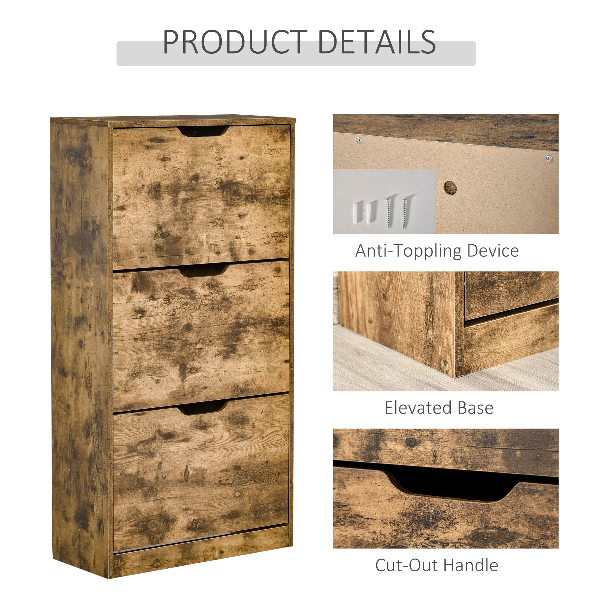 Kozy Industrial Shoe Cabinet with 3 Flip Drawers, Narrow Shoe Storage Cabinet for 18 Pairs, Freestanding Slim Shoe Storage Organiser for Entryway, Hallway, Rustic Brown