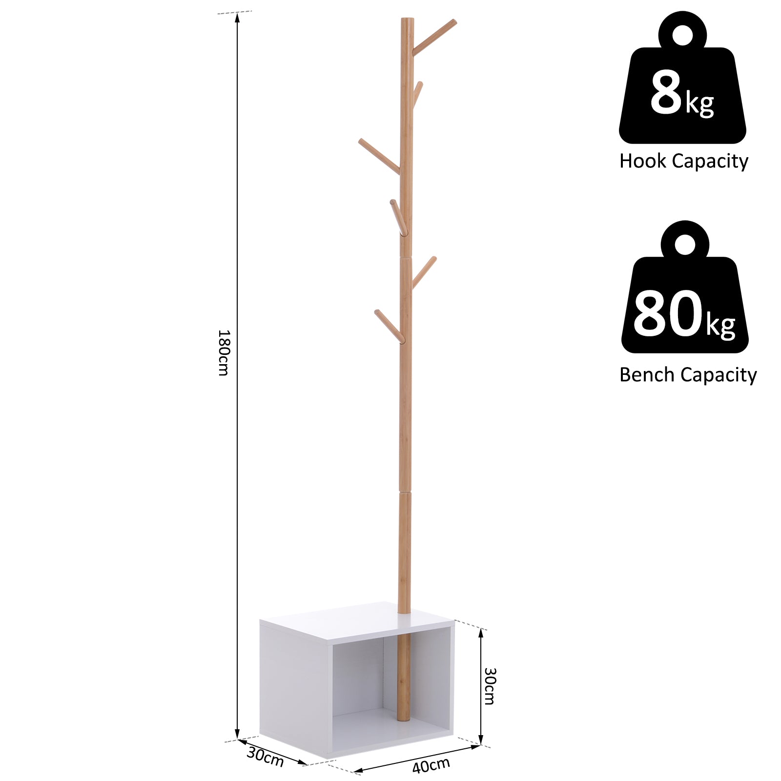 HOMCOM Coat Rack with Storage Bench, 180 cm Tall Hallway Tree Hat Hanger and Entryway Stand, Garment Organiser for Bedroom, Living Room