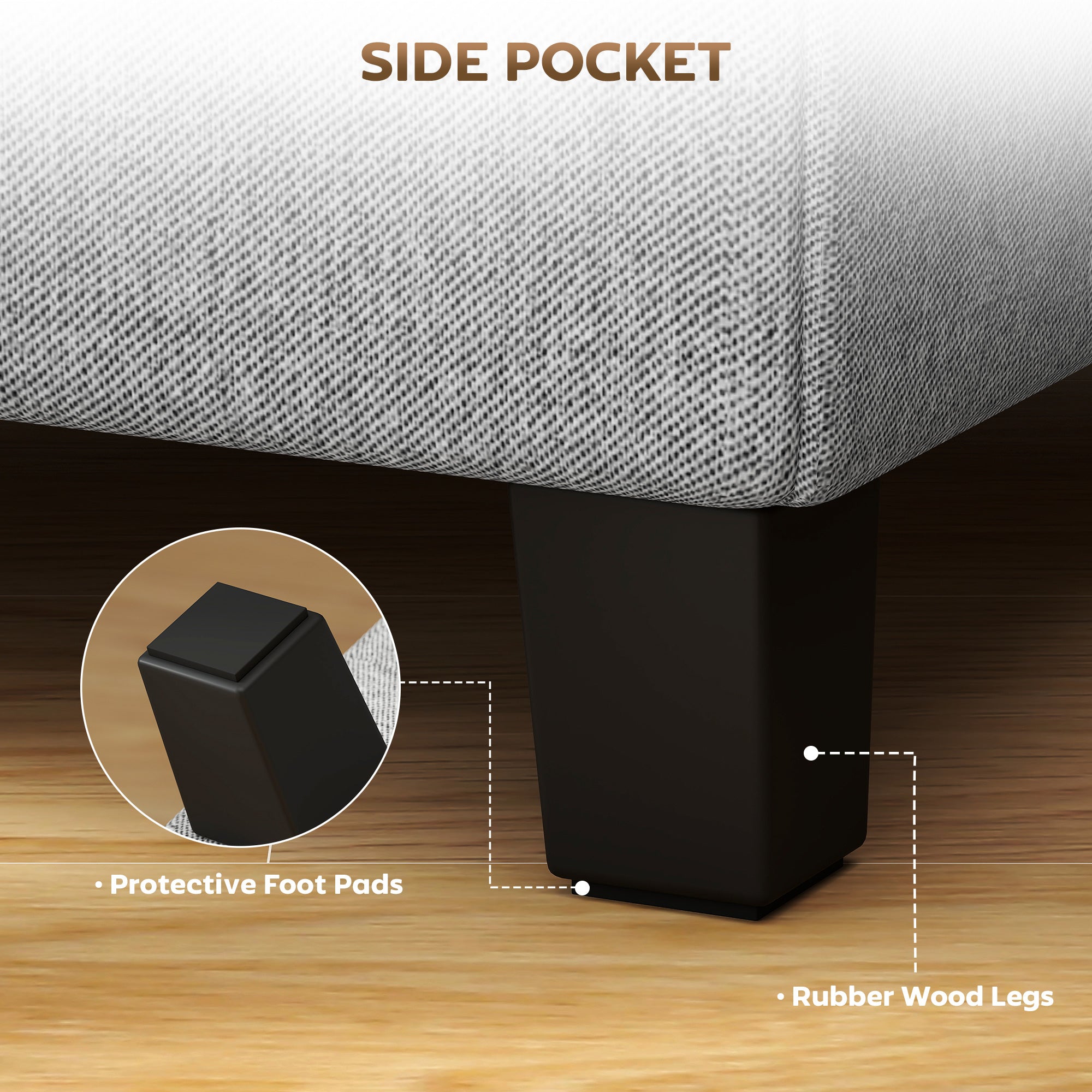 Kozy - Square Footstool, Small Ottoman with Side Pocket, Linen Fabric Footrest Foot Stool with Rubber Wood Legs and Padded Seat for Living Room, Bedroom, Entryway, 35 x 35 x 35cm, Light Grey