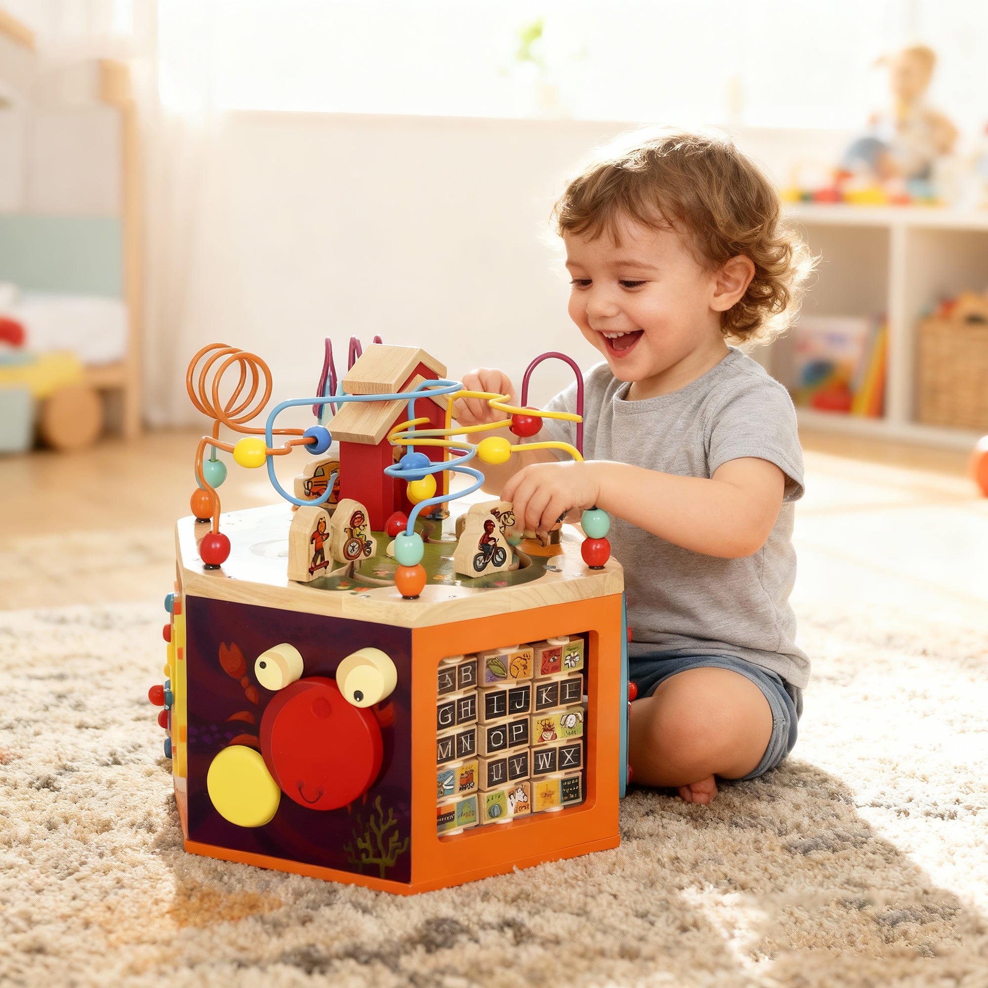 Kozy 8 in 1 Wooden Activity Cube with Bead Maze, Shape Sorter, for Kids Boys Girls 18+ Months