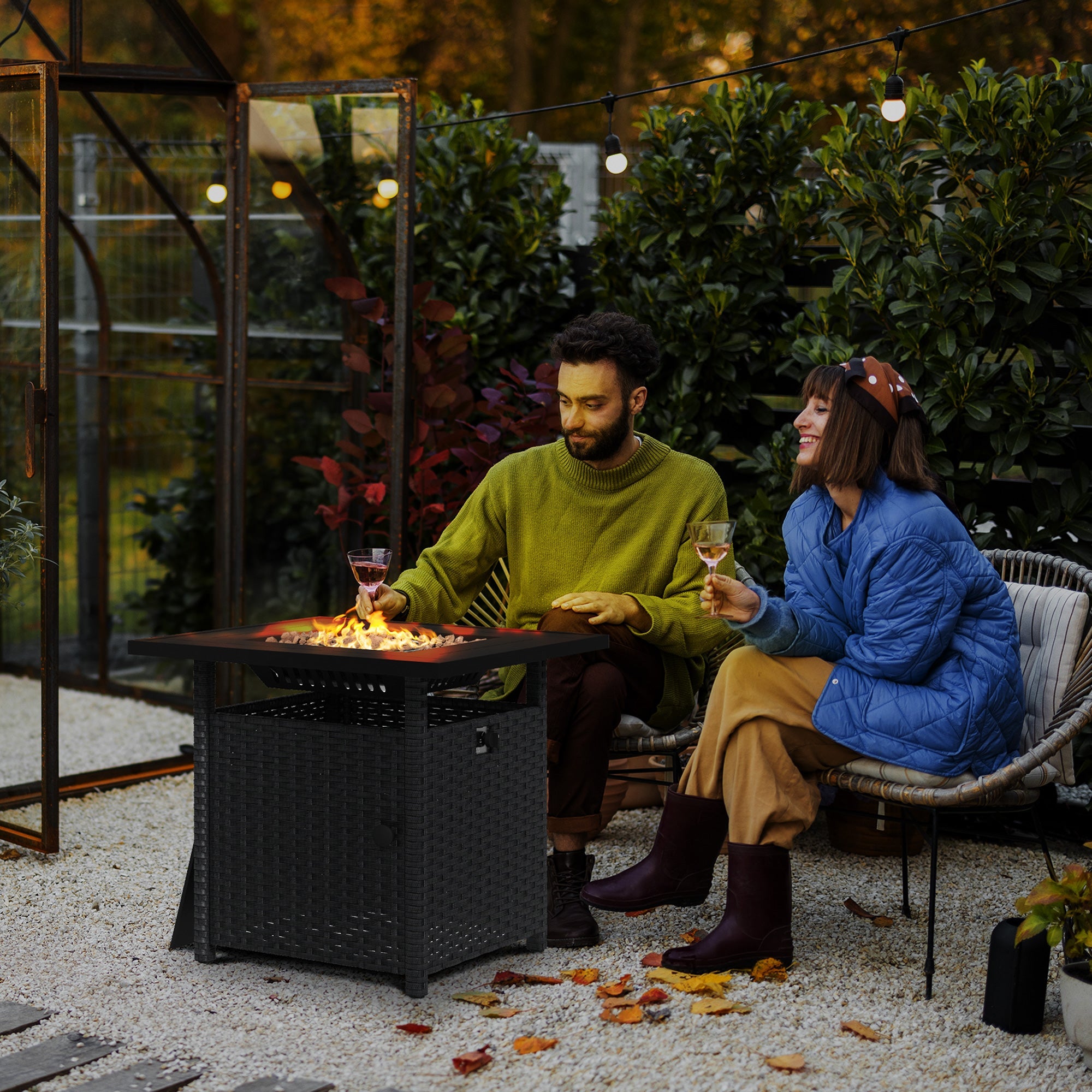 Outsunny Rattan Garden Fire Pit, 50,000 BTU Propane Fire Table with Glass Wind Guard, Black | Aosom UK