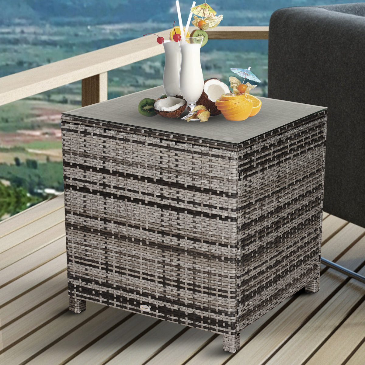 Kozy Square PE Rattan Garden Table, with Glass Table Top - Grey