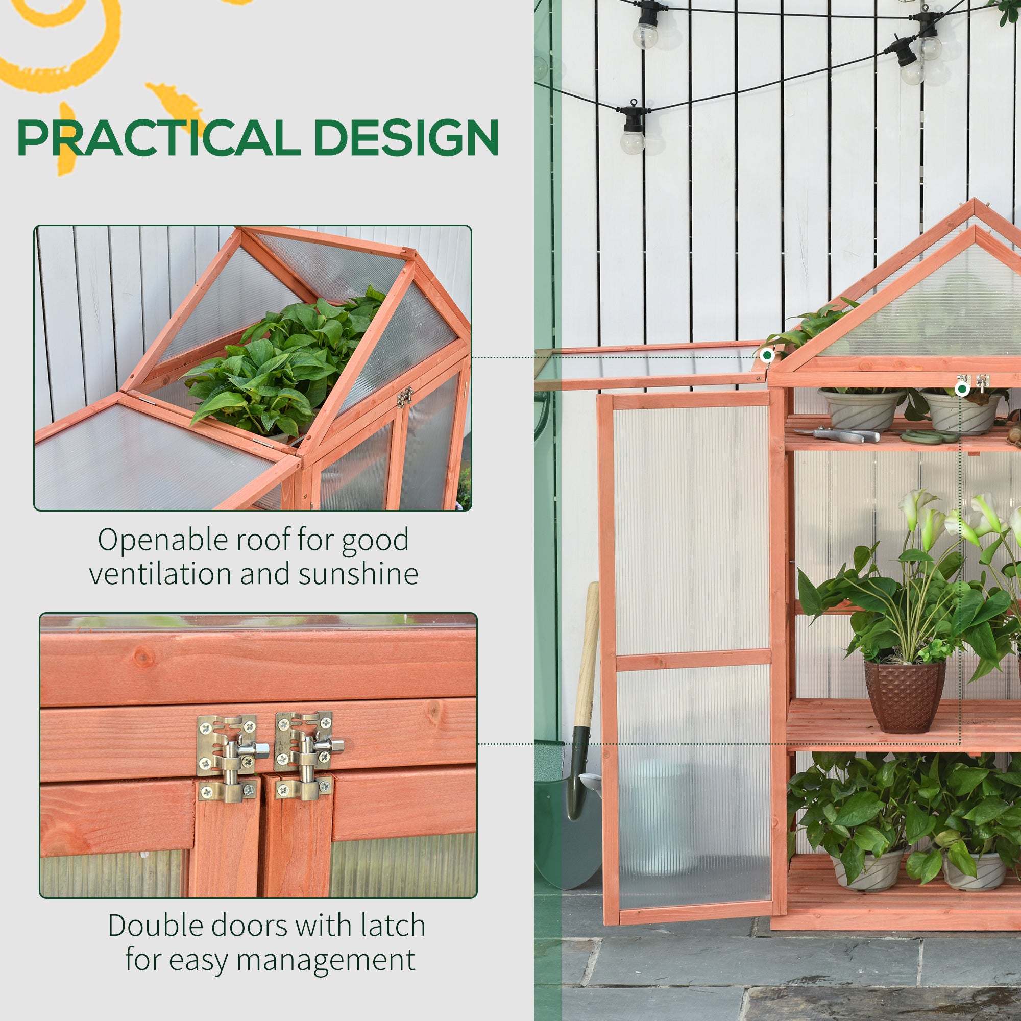 Kozy Garden Cold Frame Polycarbonate Greenhouse with Adjustable Shelves, Double Doors, Openable Top Covers, Grow House for Flower Vegetable Plants, 80 x 47 x 138cm, Orange