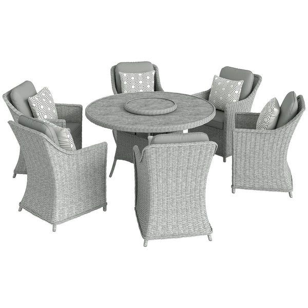 Garden Dining Set with Lazy Susan, Marble Effect Glass Round Garden Table and Chairs with Aluminium Frame
