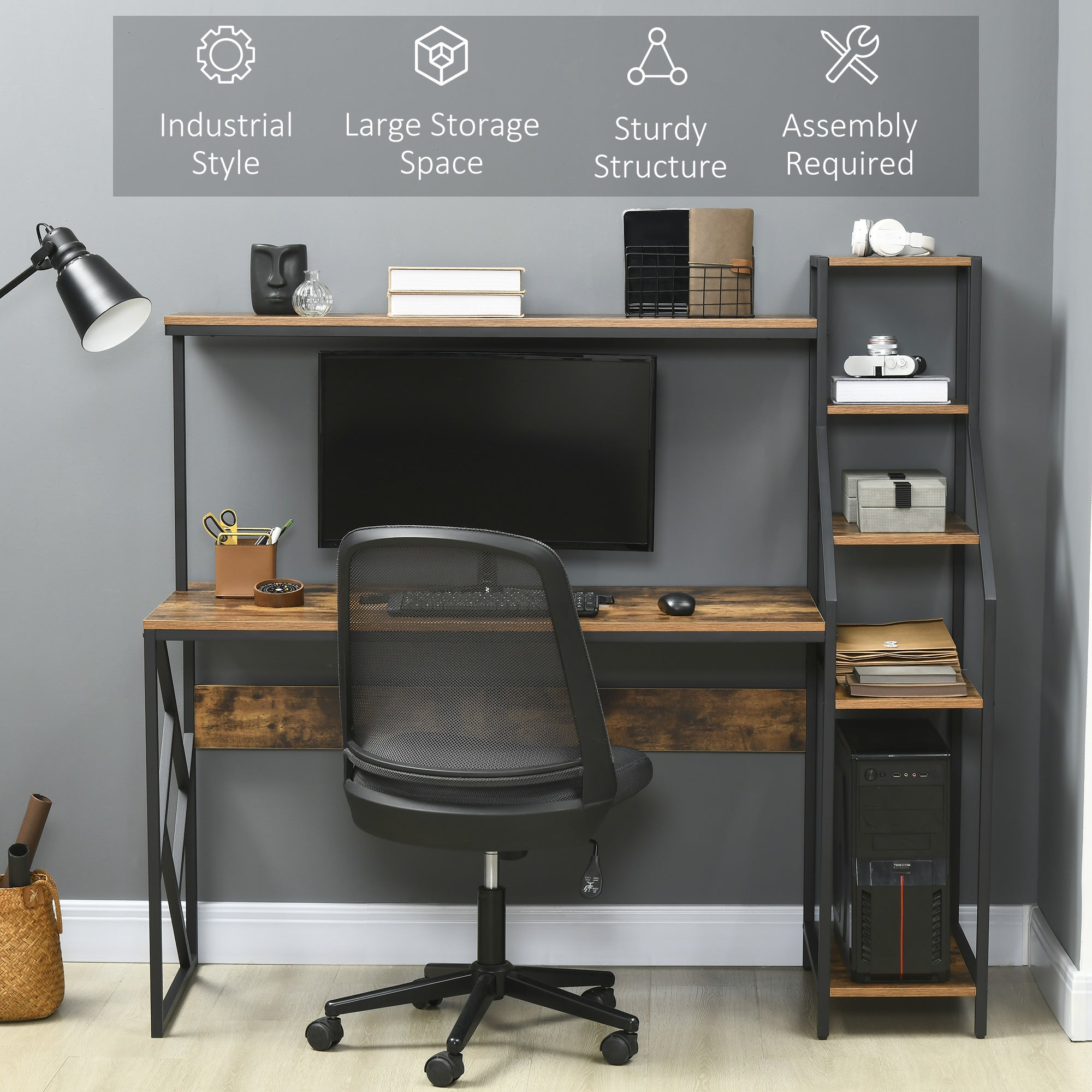 Kozy Computer Desk with Bookshelf, Industrial Writing Table with 6 Tier Storage Shelves for Home Office, Bedroom, Study, 150 x 55 x 138cm, Rustic Brown
