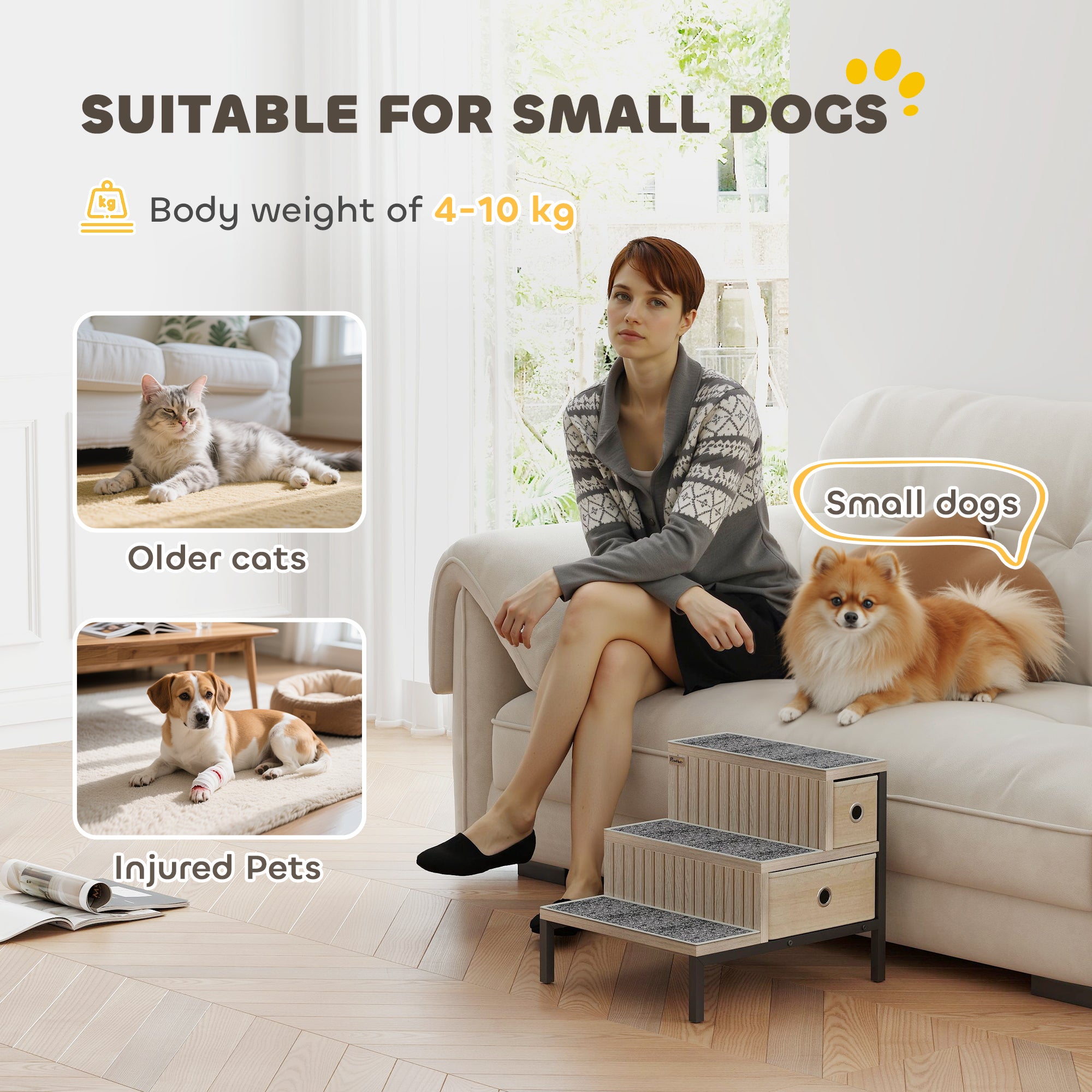 Kozy Dog Stairs with Storage, Non-Slip Cover, Pet Steps for Small Dogs & Older Cats, for Sofa, High Bed, Oak Tone