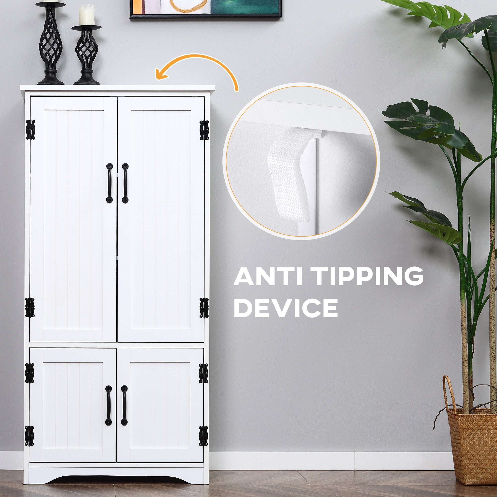 Kozy Accent Floor Storage Cabinet Kitchen Cupboard with Adjustable Shelves and 2 Lower Doors, White