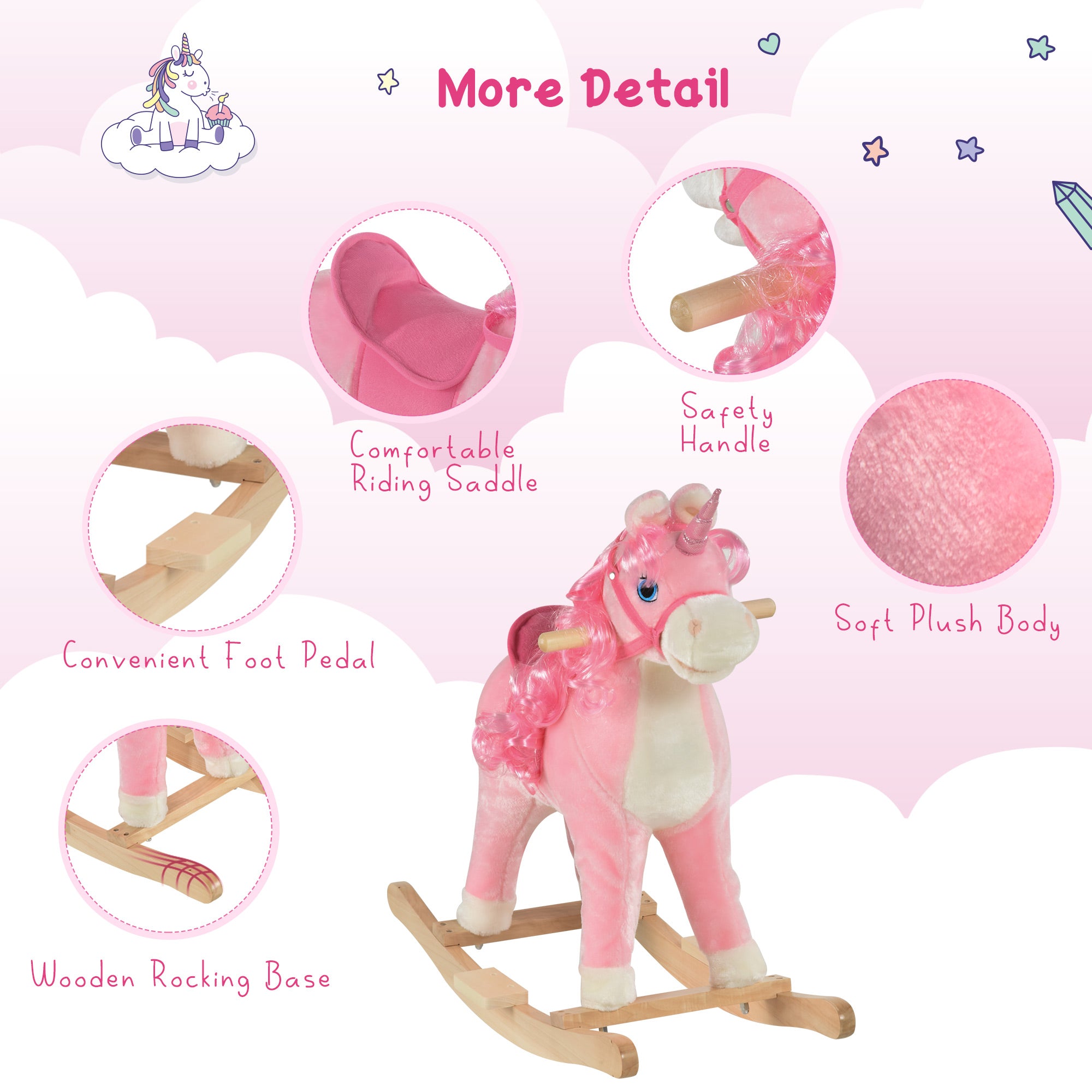 HOMCOM Unicorn Rocking Horse for Kids, Plush Ride On with Sound Effects, Soft, Pink