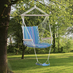 Kozy Hanging Rope Chair with Soft Padded Seat & Backrest, Portable Garden Hammoc Chair with Wooden Support Bar, Armrests, Cotton Cloth, Footrest, for Patio & Tree, Blue