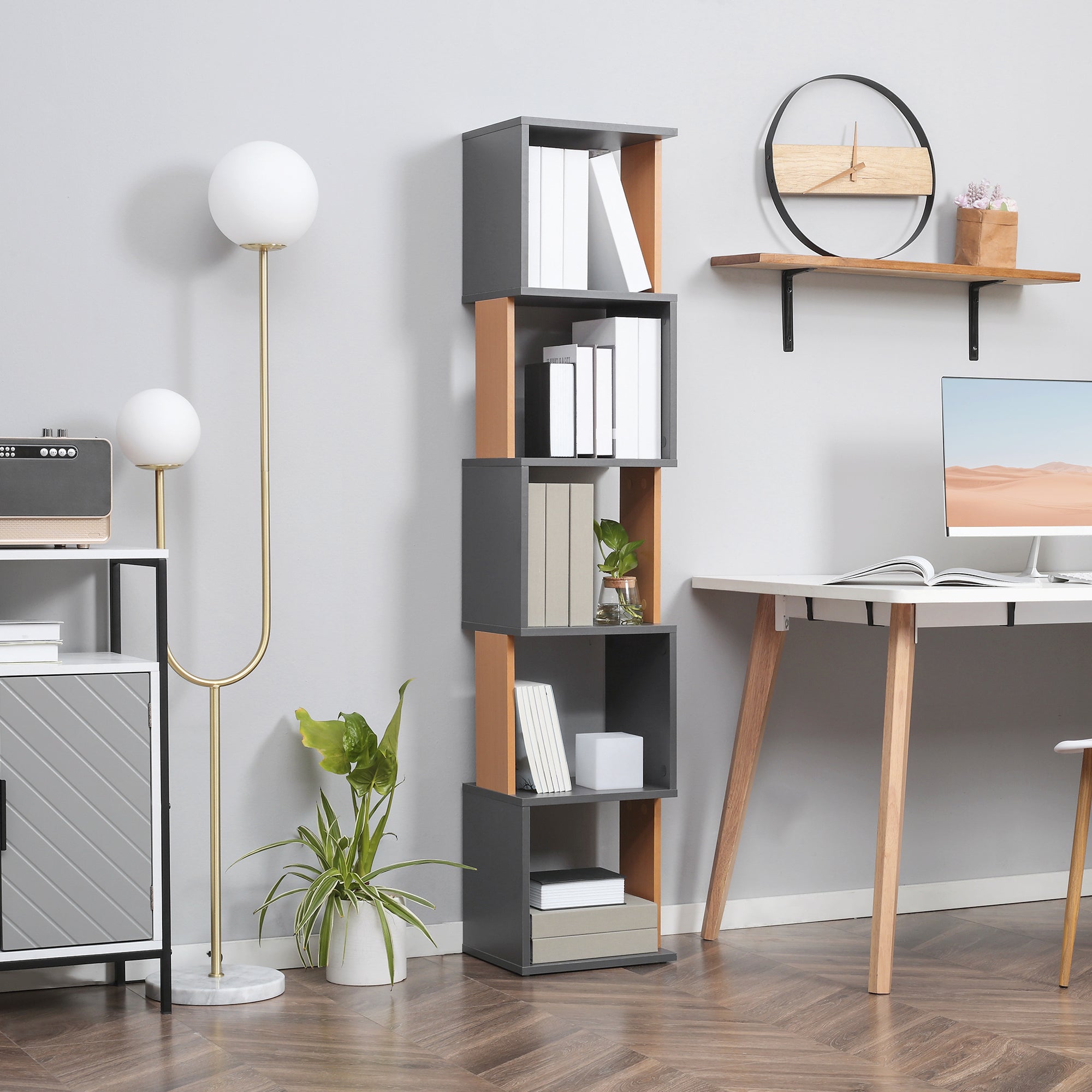 Kozy Modern 5-Tier Bookshelf, Freestanding Bookcase Storage Shelving for Living Room Home Office Study, Brown and Dark Grey