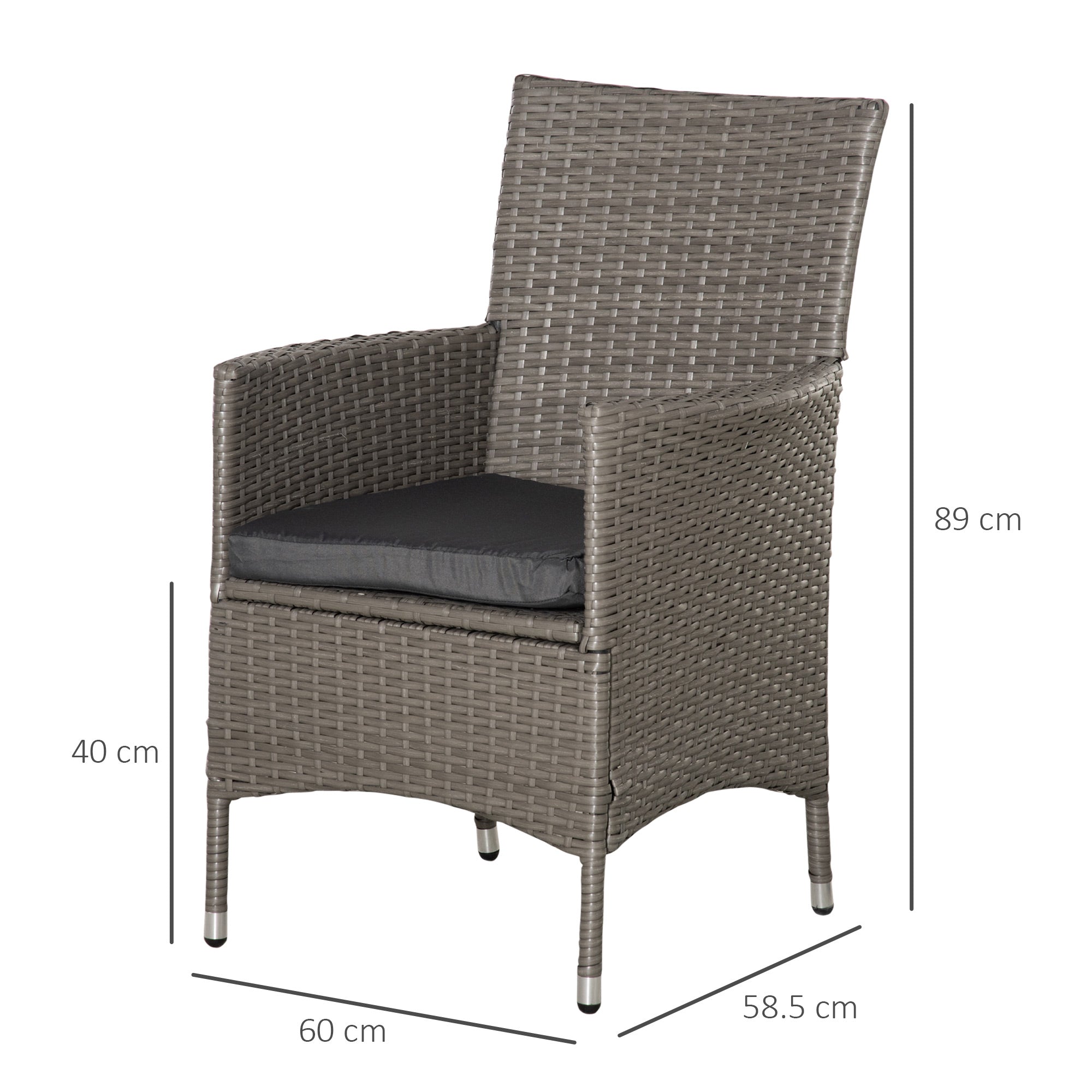 Kozy 2 Pieces Outdoor PE Rattan Dining Chairs Set with Cushion, Garden Armchair with Armrests, High Backrest, Metal Frame Patio Wicker Furniture, Grey
